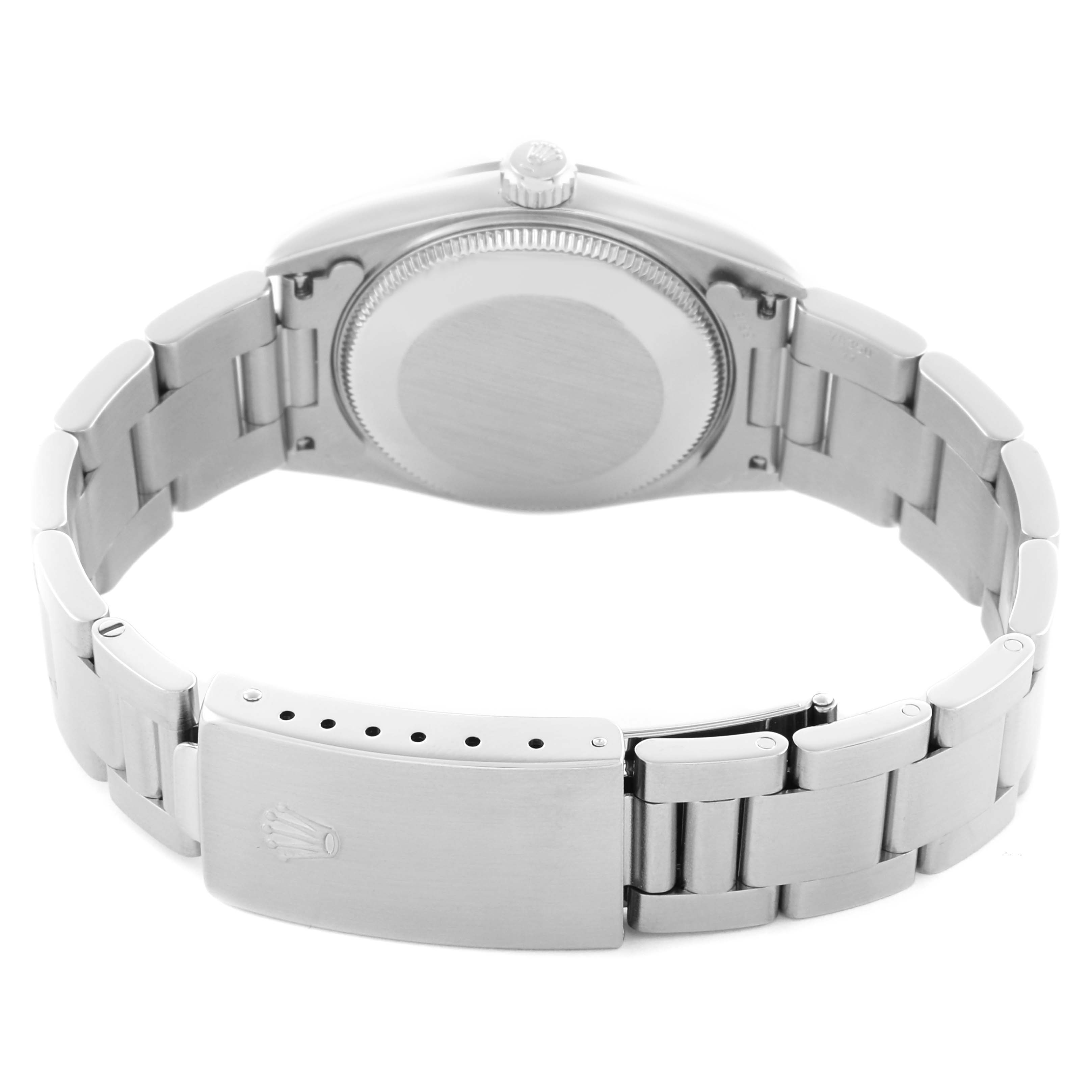 The image shows the back of the Rolex Mid-Size 77080 Women's Stainless Steel Black Dial 77080 Women's Stainless Steel Black Dial watch, focusing on the case back and bracelet clasp.