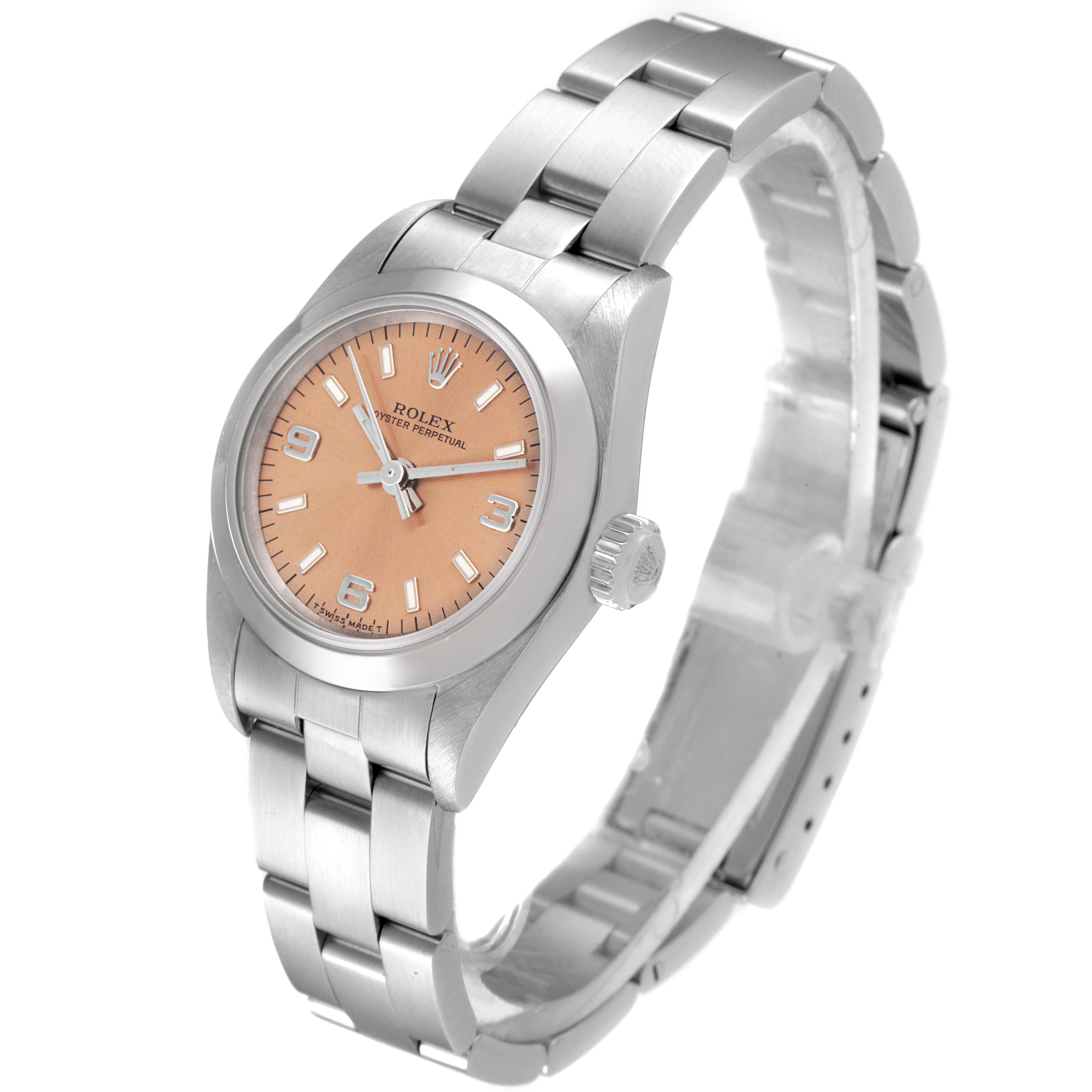 The image shows a Rolex Oyster Perpetual 67180 Women
s Stainless Steel Pink Dial 67180 Women
s Stainless Steel Pink Dial watch at a three-quarter angle, displaying the dial, case, crown, and bracelet.