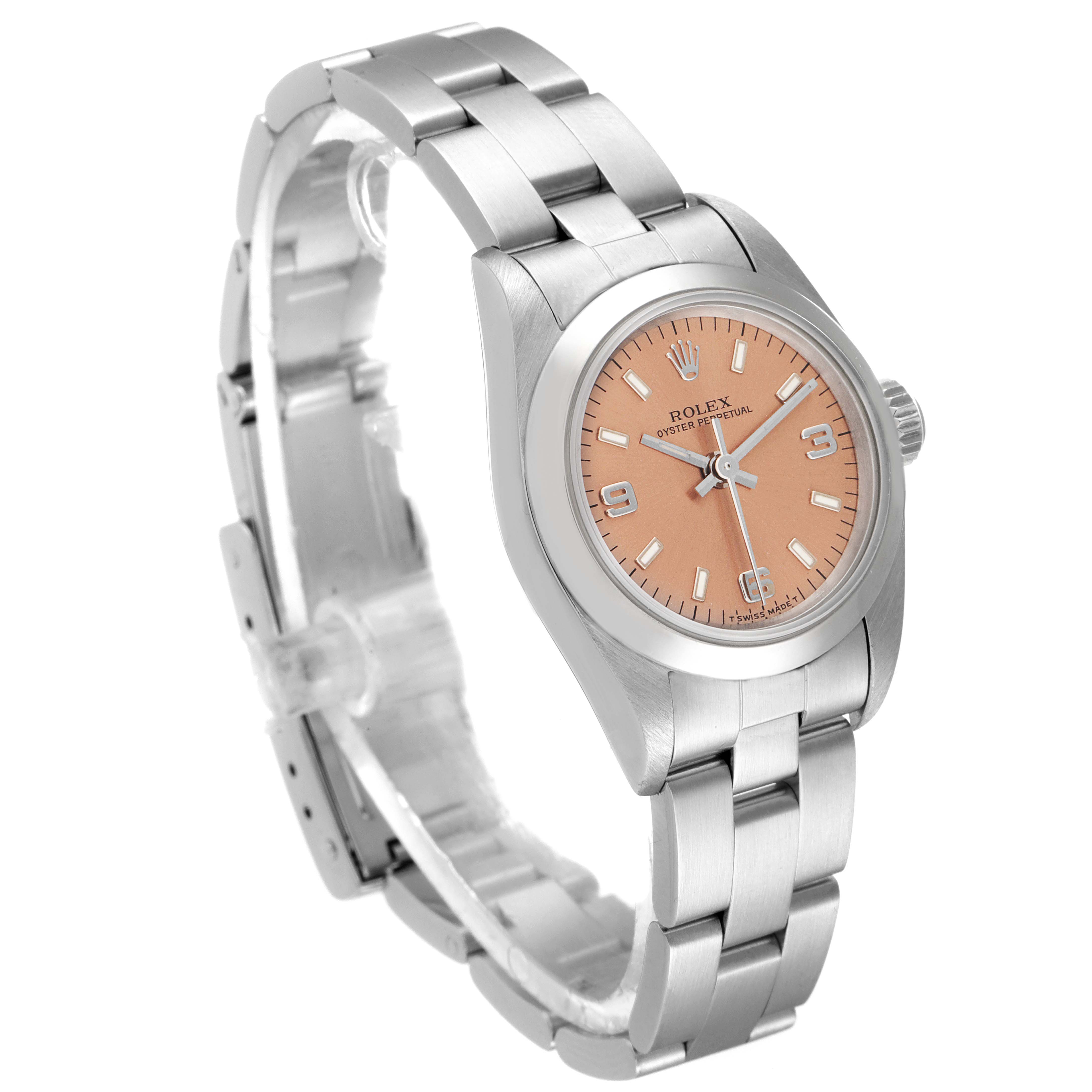 The image shows a side angle of a Rolex Oyster Perpetual 67180 Women
s Stainless Steel Pink Dial 67180 Women
s Stainless Steel Pink Dial watch, highlighting the face, bracelet, and clasp.