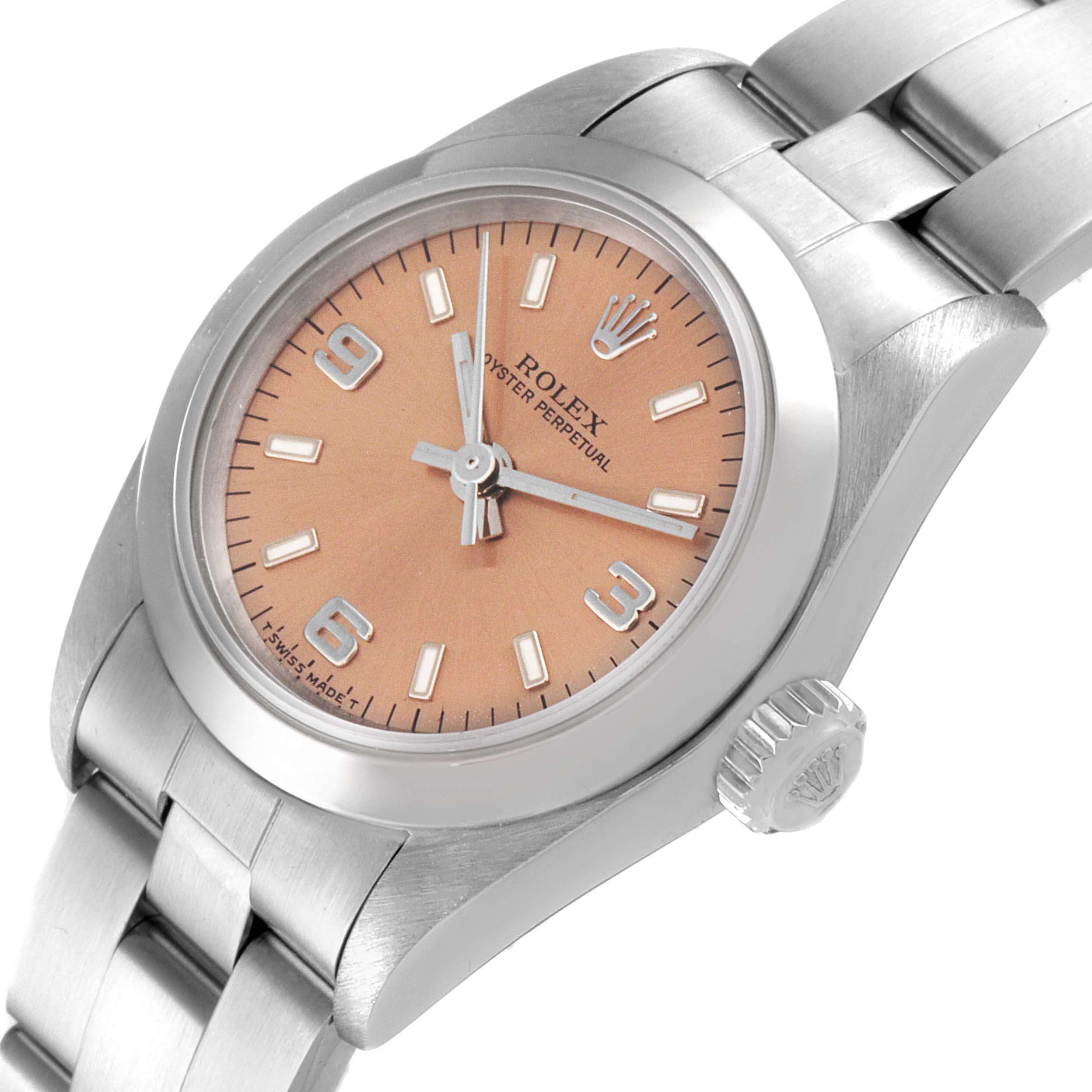 This image shows a close-up, angled view of the Rolex Oyster Perpetual 67180 Women
s Stainless Steel Pink Dial 67180 Women
s Stainless Steel Pink Dial watch displaying the dial, crown, and part of the bracelet.