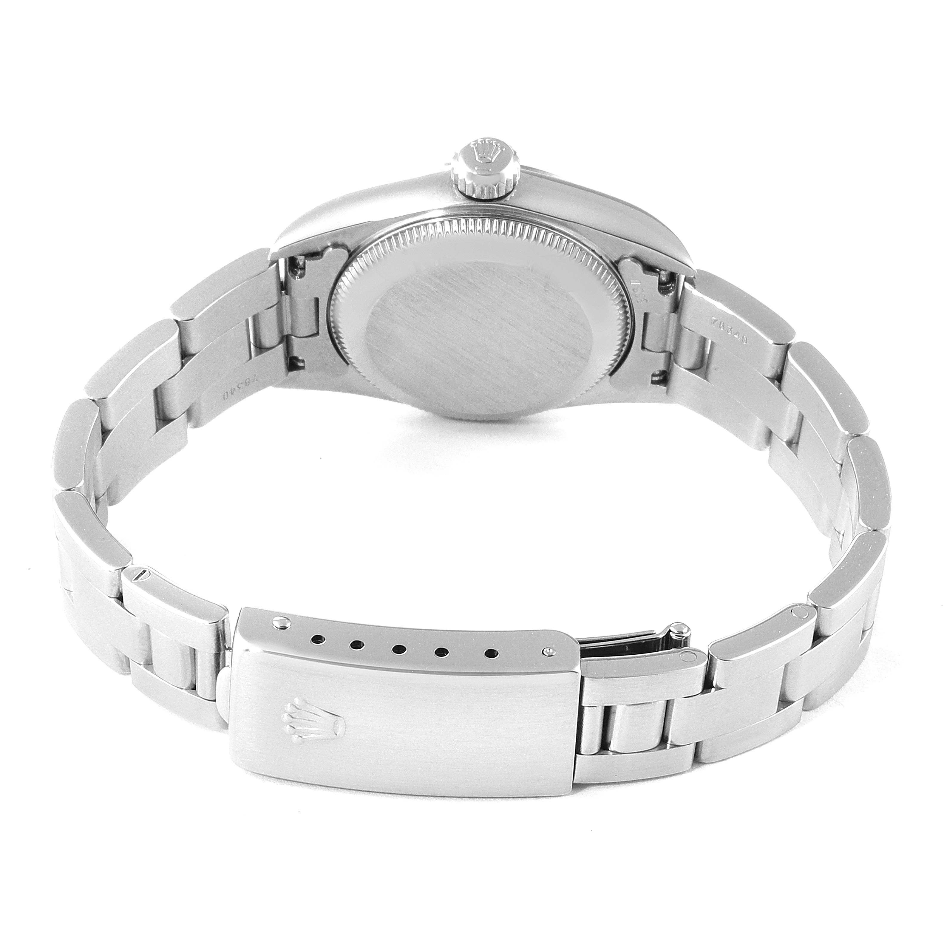 The image shows the back view of the Rolex Oyster Perpetual 67180 Women
s Stainless Steel Pink Dial 67180 Women
s Stainless Steel Pink Dial watch, highlighting the case, crown, and bracelet clasp.