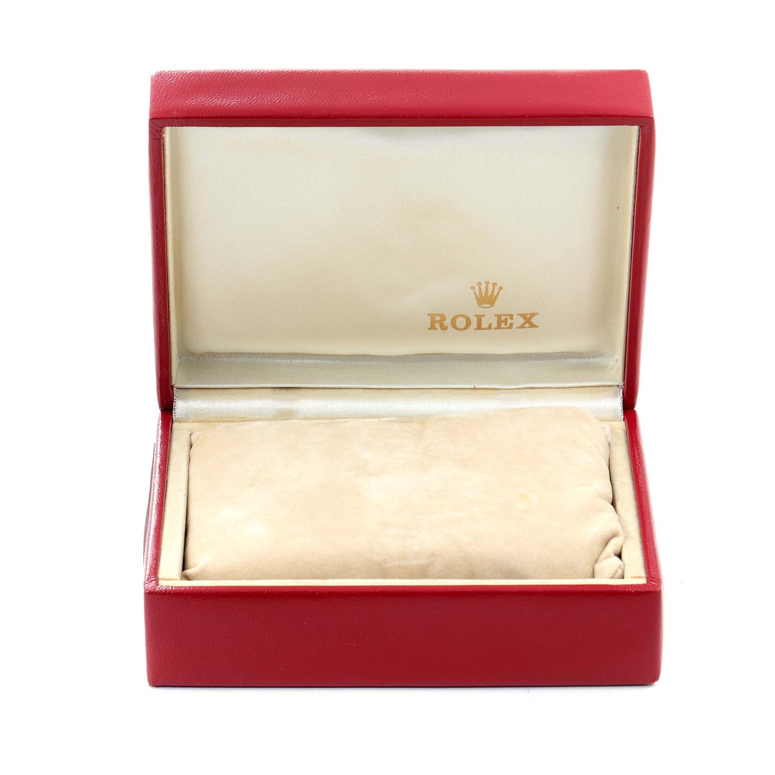The image shows an empty, red Rolex watch box, typically used for the Oyster Perpetual model.
