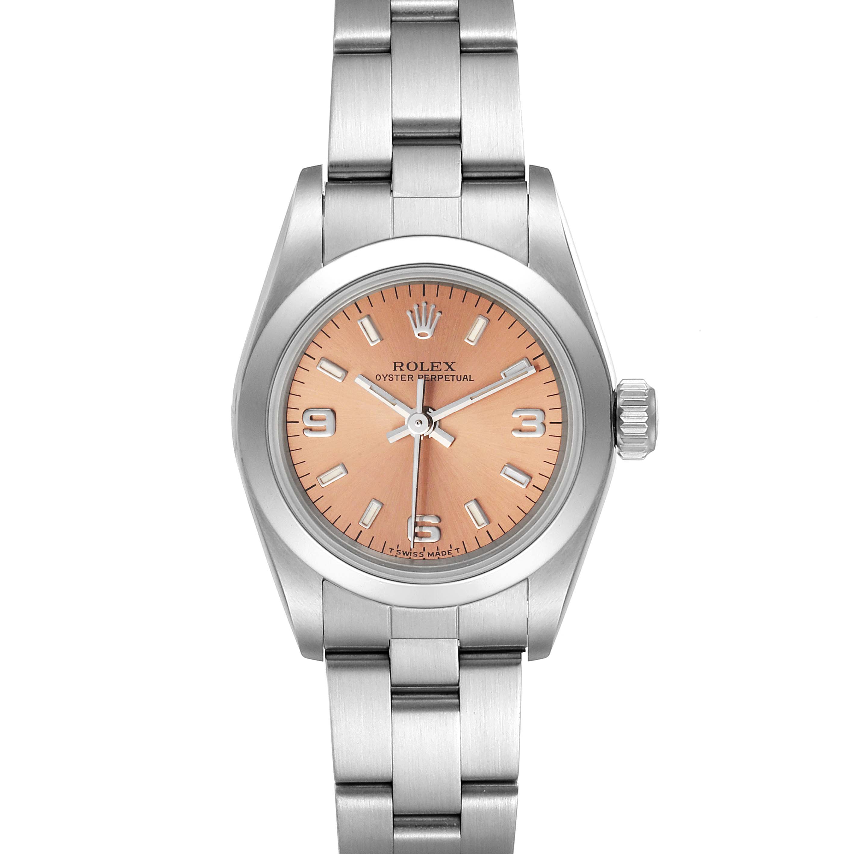 This image shows a front view of the Rolex Oyster Perpetual 67180 Women
s Stainless Steel Pink Dial 67180 Women
s Stainless Steel Pink Dial watch, featuring its entire face and band.