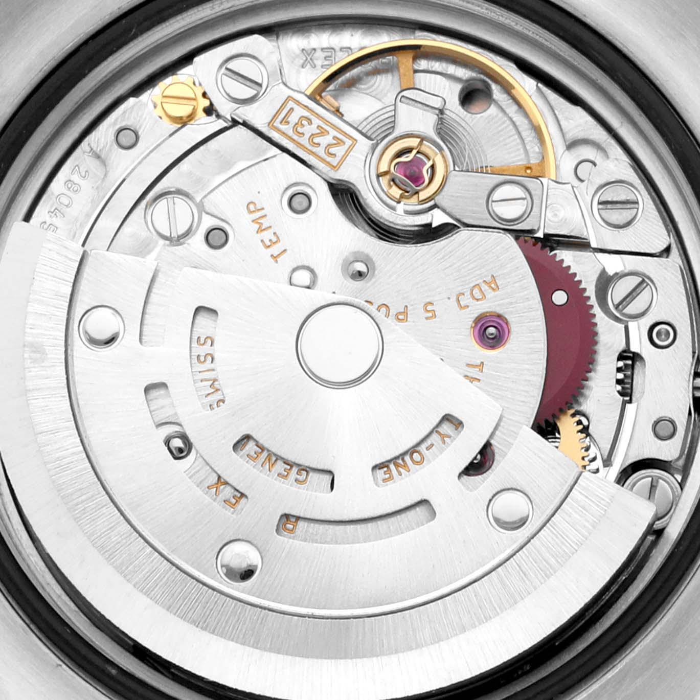 This image shows a detailed view of the movement mechanism of the Rolex Oyster Perpetual 176200 Women's Stainless Steel Pink Dial 176200 Women's Stainless Steel Pink Dial watch.