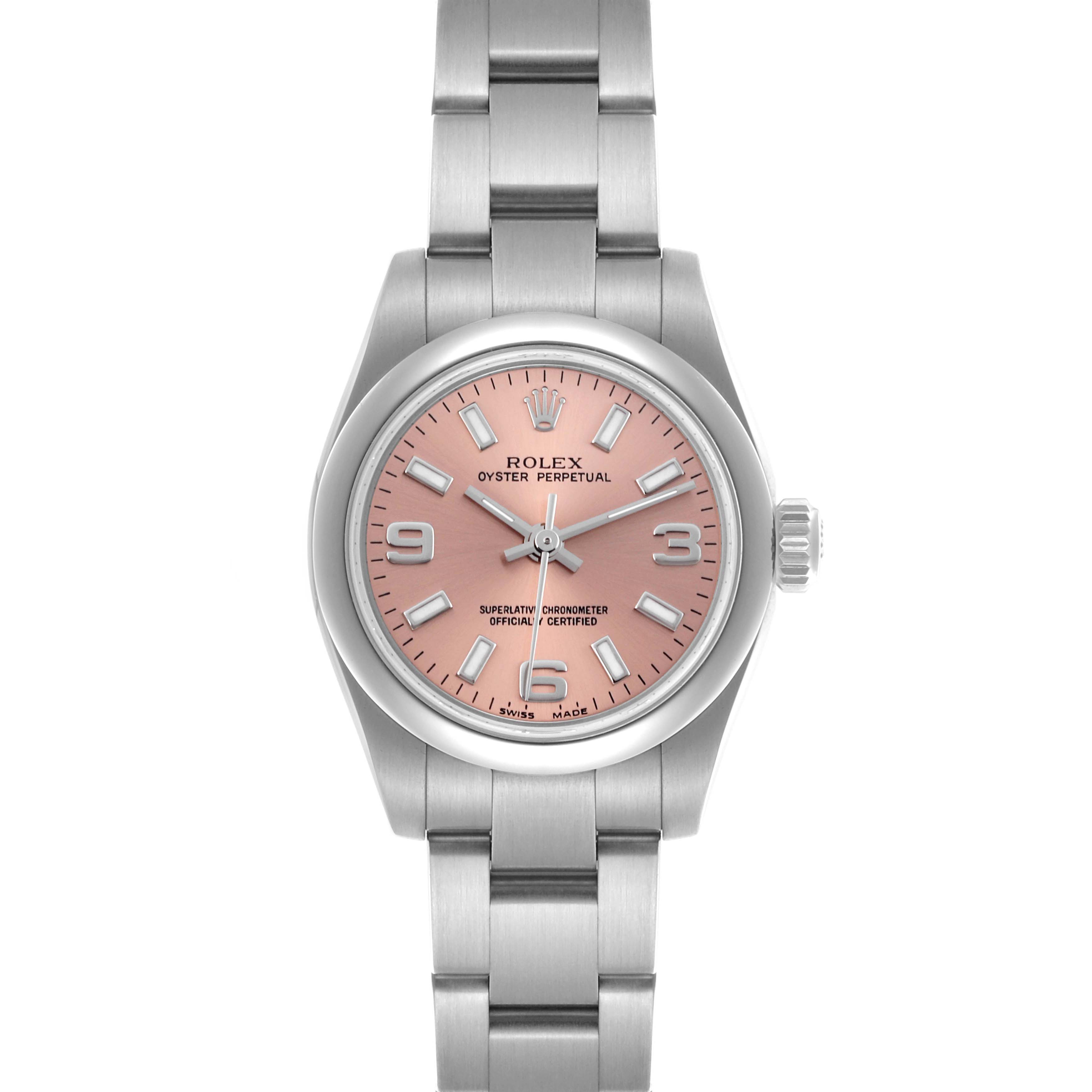 The Rolex Oyster Perpetual 176200 Women's Stainless Steel Pink Dial 176200 Women's Stainless Steel Pink Dial watch is shown from a front view, highlighting its face, bezel, and bracelet.