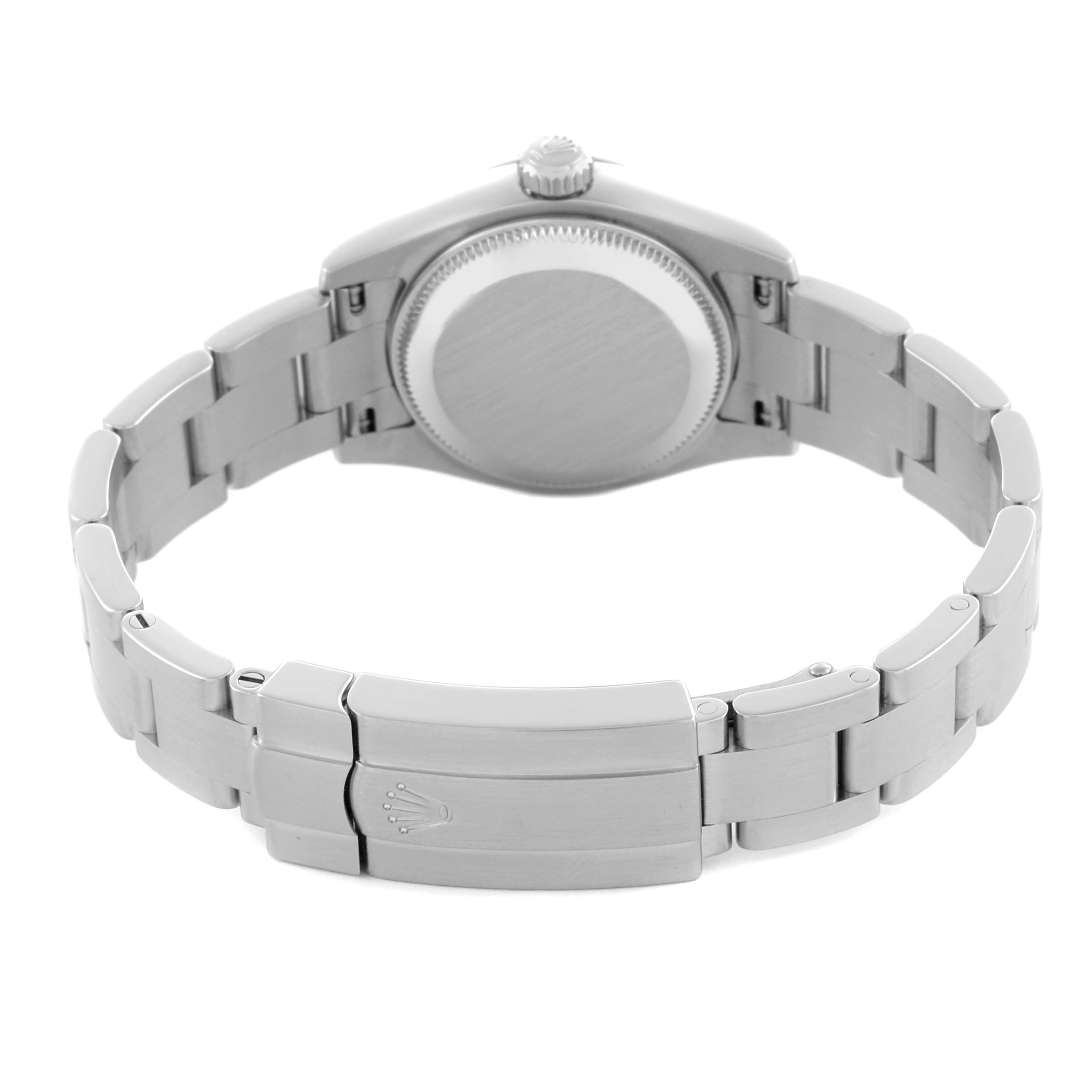 The image shows the Rolex Oyster Perpetual 176200 Women's Stainless Steel Pink Dial 176200 Women's Stainless Steel Pink Dial watch from a rear angle, focusing on the clasp and case back.