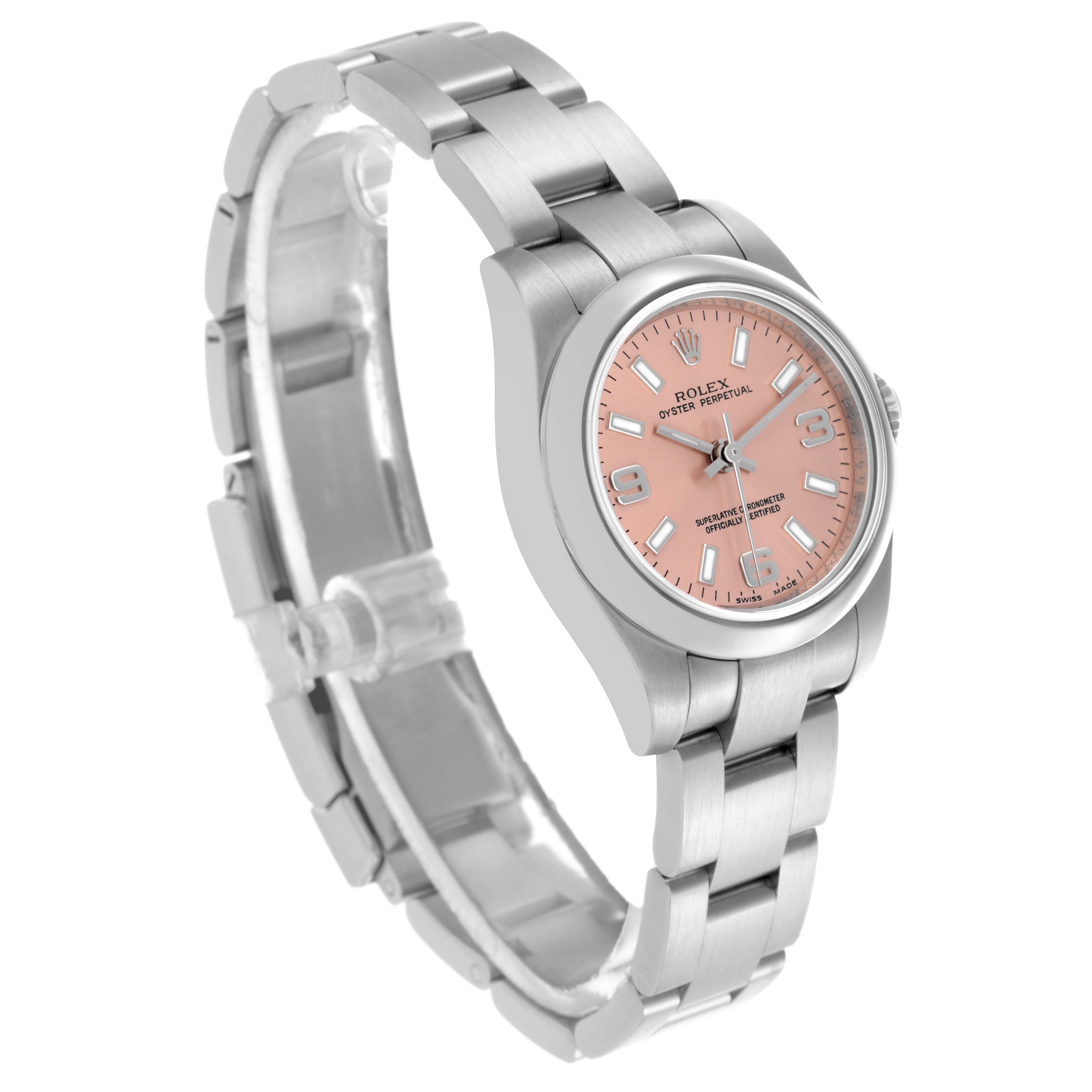 The Rolex Oyster Perpetual 176200 Women's Stainless Steel Pink Dial 176200 Women's Stainless Steel Pink Dial watch is shown at a 3/4 angle displaying the pink dial, case, and full bracelet.