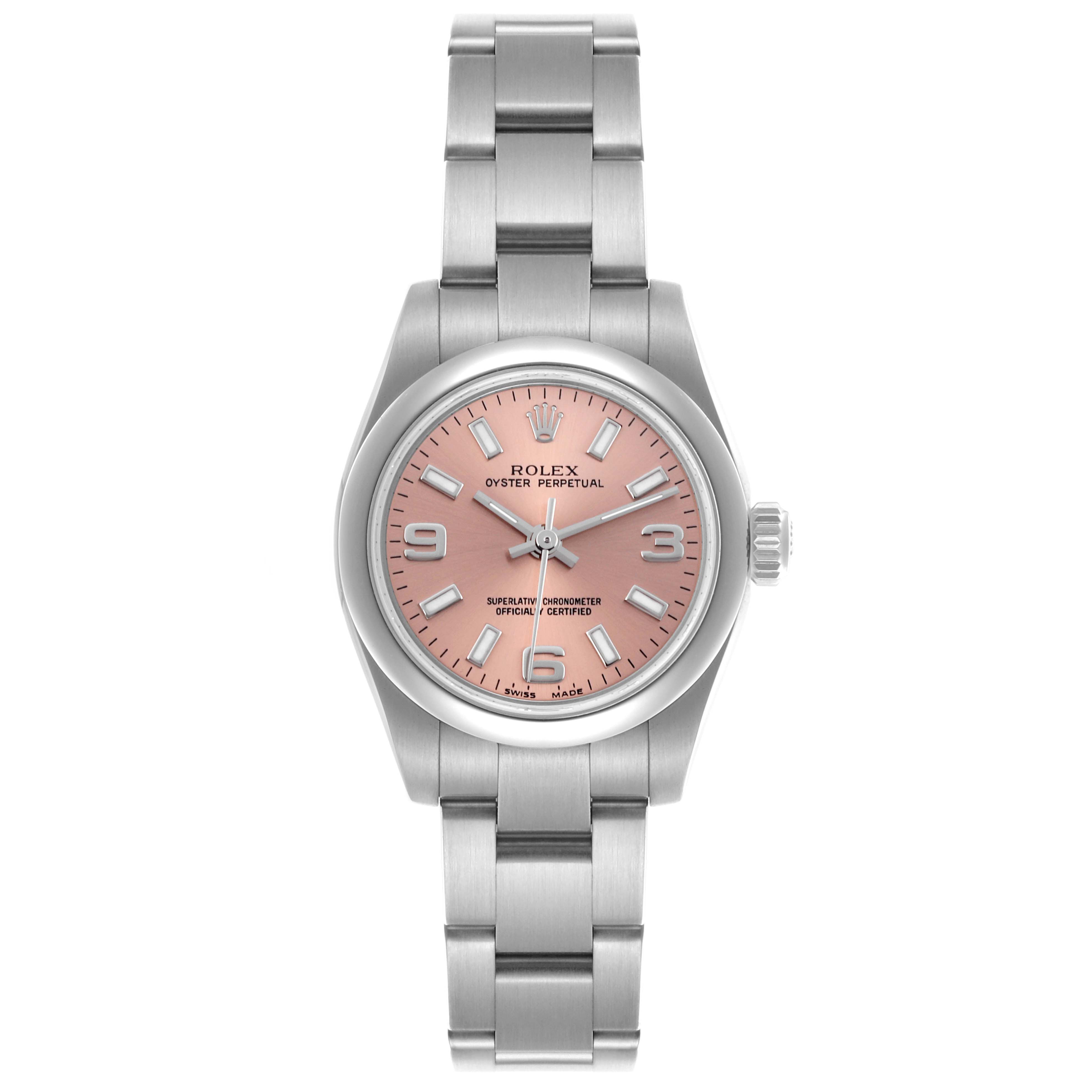 The Rolex Oyster Perpetual 176200 Women's Stainless Steel Pink Dial 176200 Women's Stainless Steel Pink Dial watch is shown from a top-down angle, displaying the bracelet, case, and pink dial with hour markers.