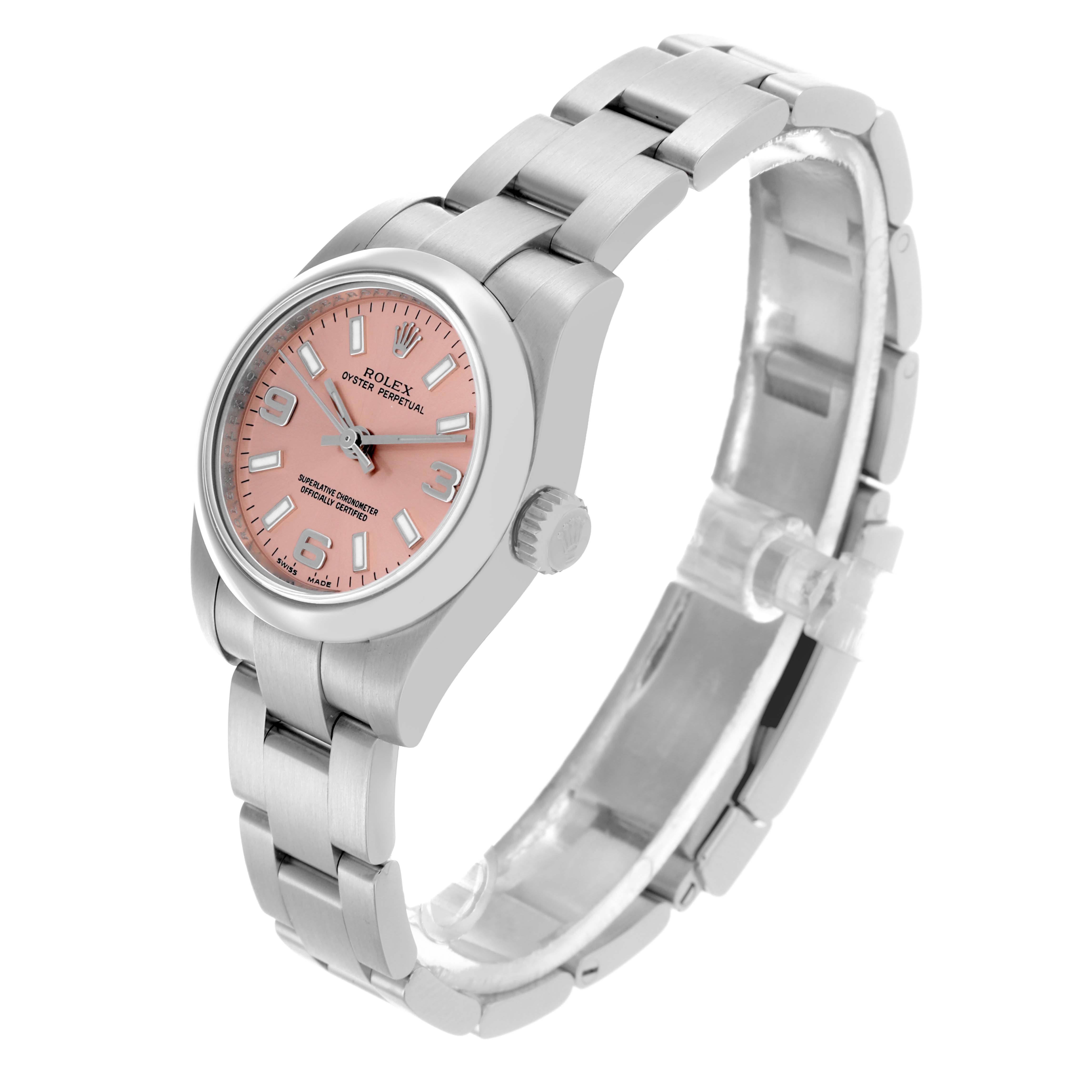 The Rolex Oyster Perpetual 176200 Women's Stainless Steel Pink Dial 176200 Women's Stainless Steel Pink Dial watch is shown at a three-quarter angle, highlighting the dial, case, bracelet, and crown.