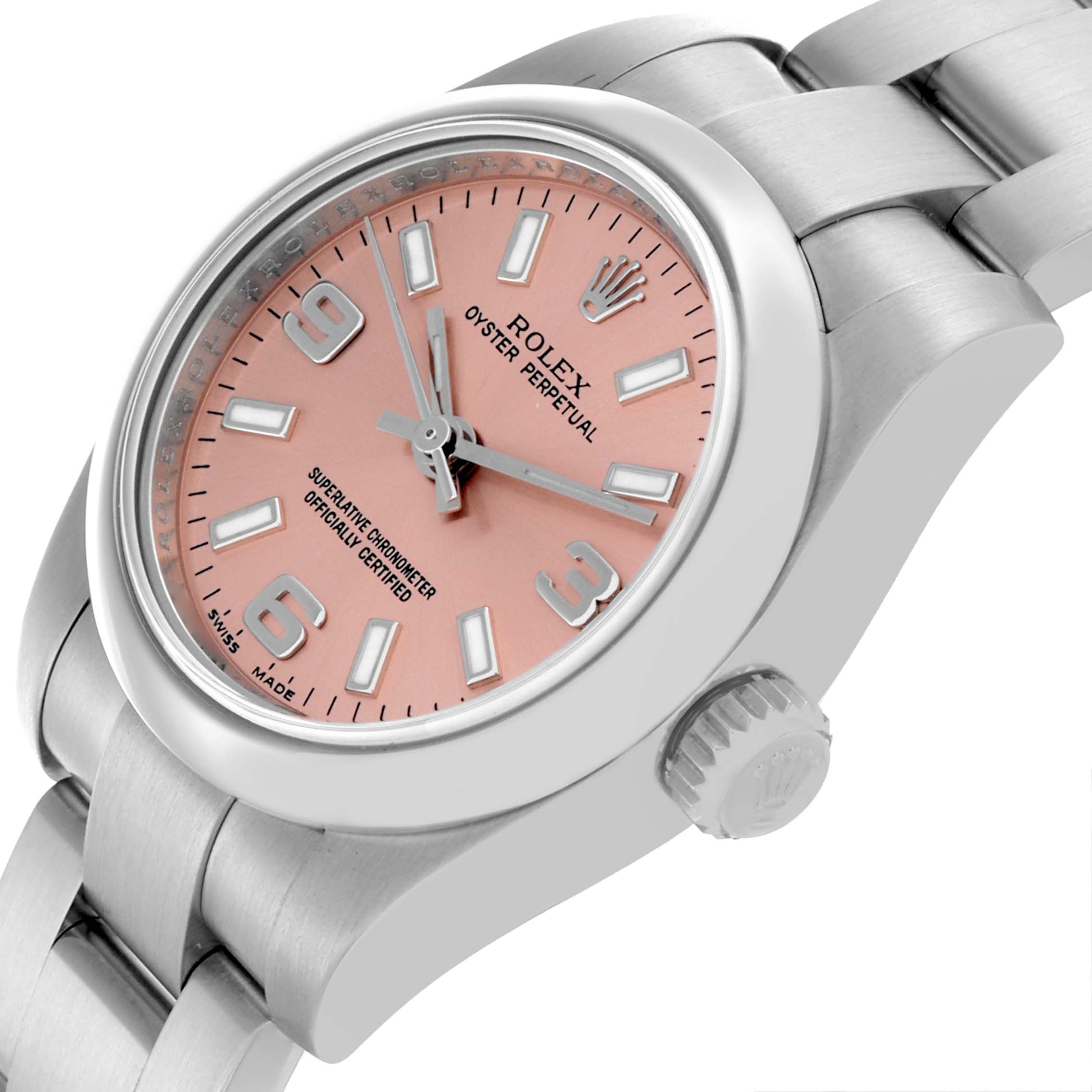 The Rolex Oyster Perpetual 176200 Women's Stainless Steel Pink Dial 176200 Women's Stainless Steel Pink Dial watch is shown at a side angle, highlighting the pink dial, case, and bracelet.