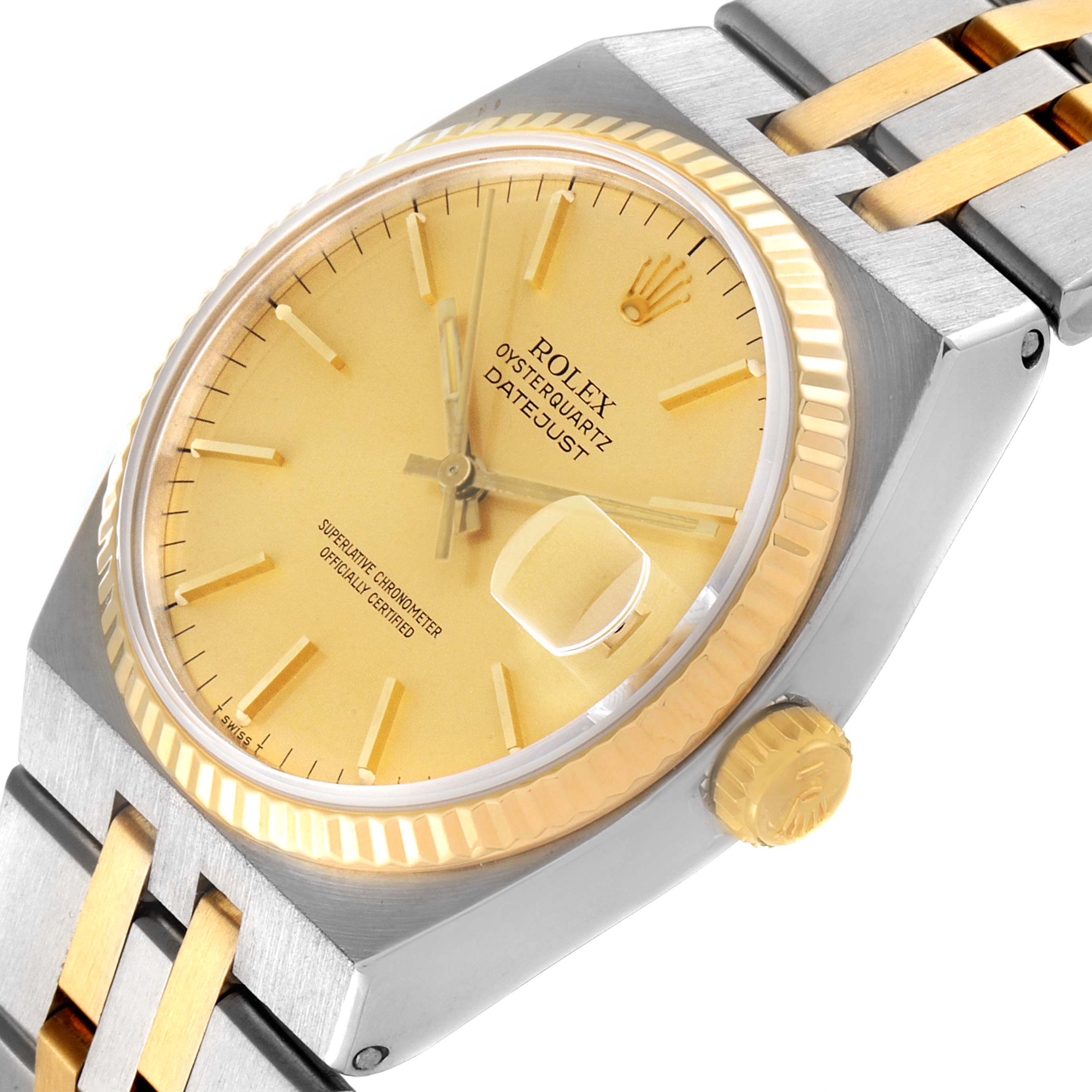 This image shows a close-up angle of a Rolex Oysterquartz 17013 Men's Steel and Gold (two tone) Champagne Dial 17013 Men's Steel and Gold (two tone) Champagne Dial watch, highlighting the dial, fluted bezel, and part of the bracelet.