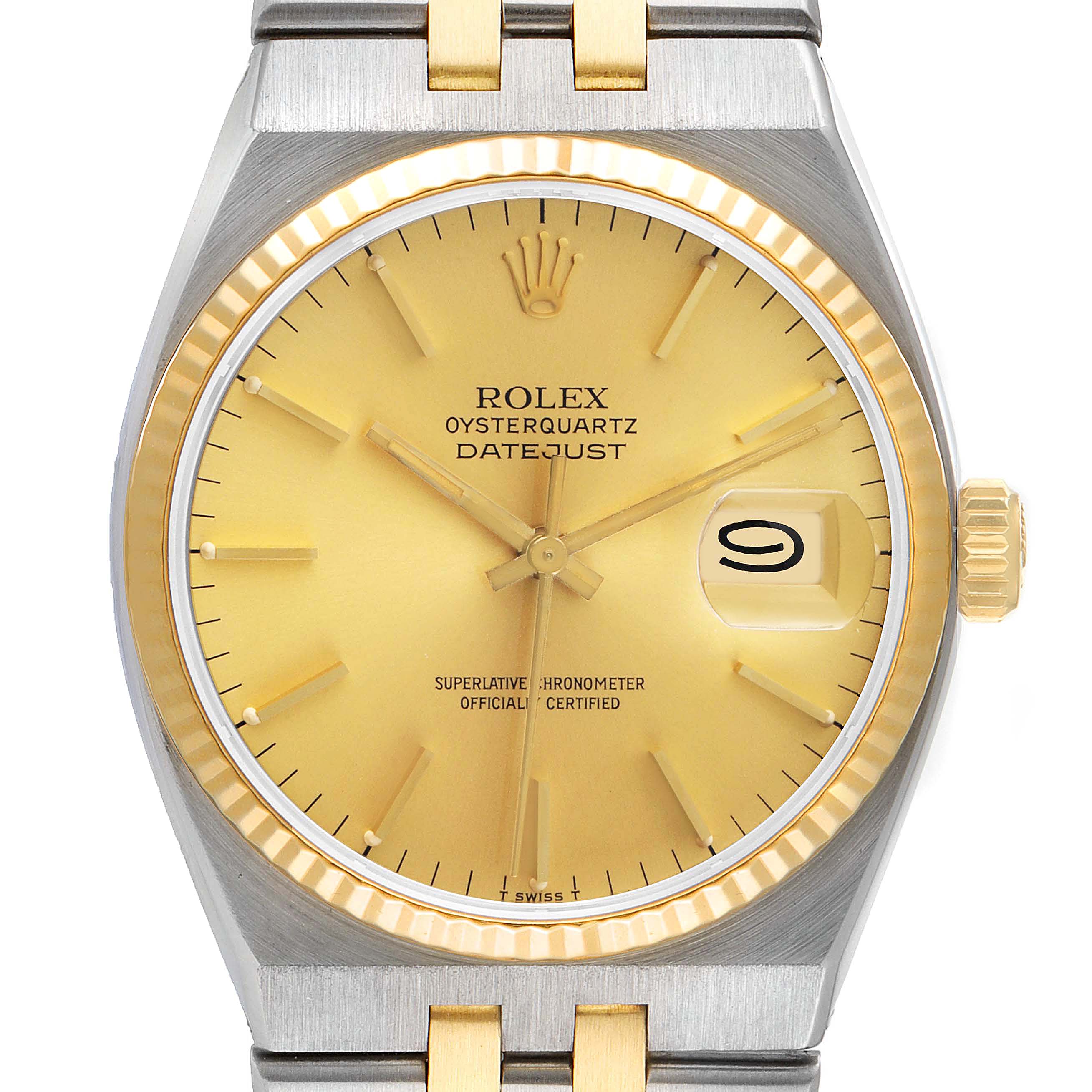 The image shows a front view of a Rolex Oysterquartz 17013 Men's Steel and Gold (two tone) Champagne Dial 17013 Men's Steel and Gold (two tone) Champagne Dial Datejust watch, highlighting the dial, hands, date window, and part of the bracelet.