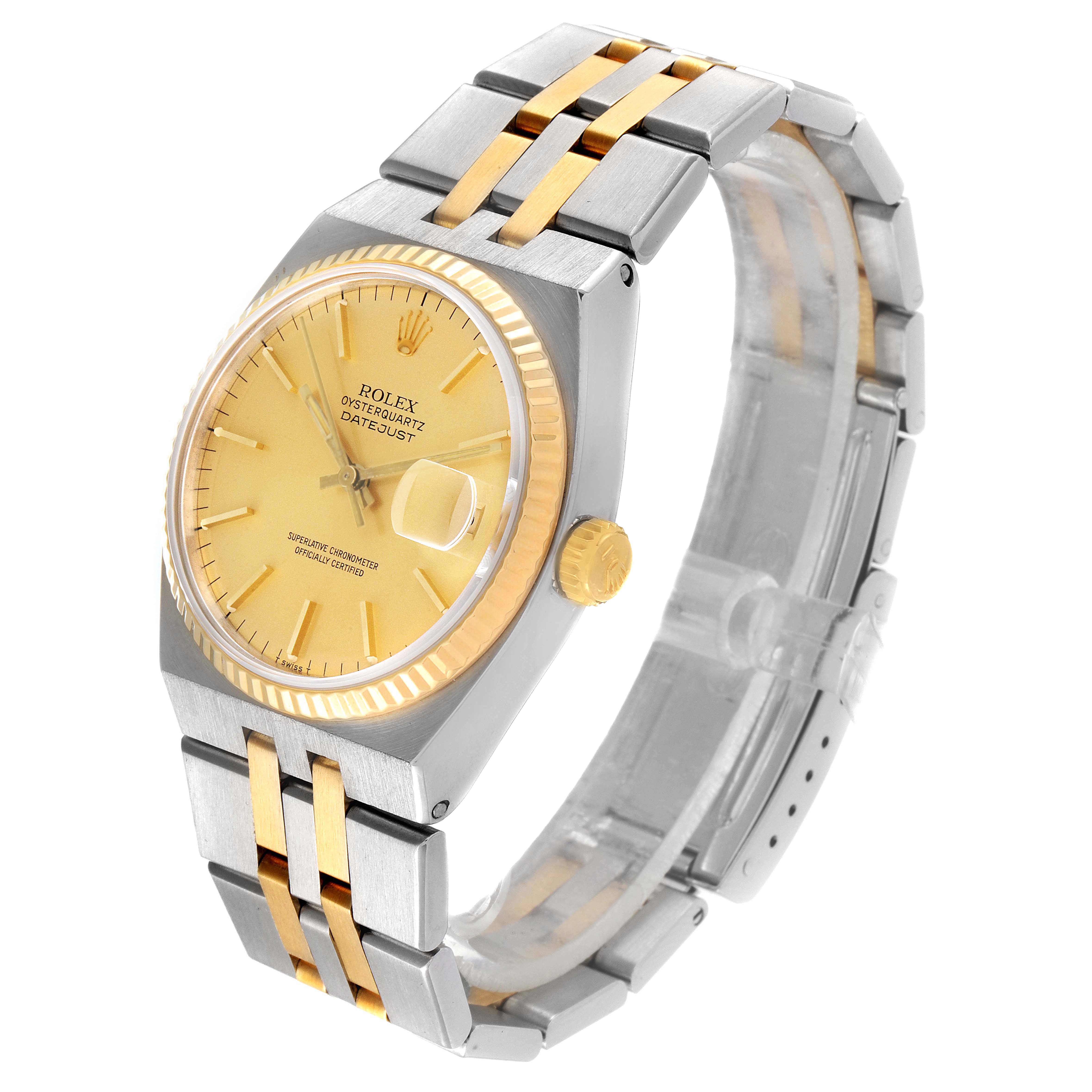 The Rolex Oysterquartz 17013 Men's Steel and Gold (two tone) Champagne Dial 17013 Men's Steel and Gold (two tone) Champagne Dial watch is shown at a three-quarter angle, showcasing the dial, bracelet, and crown.