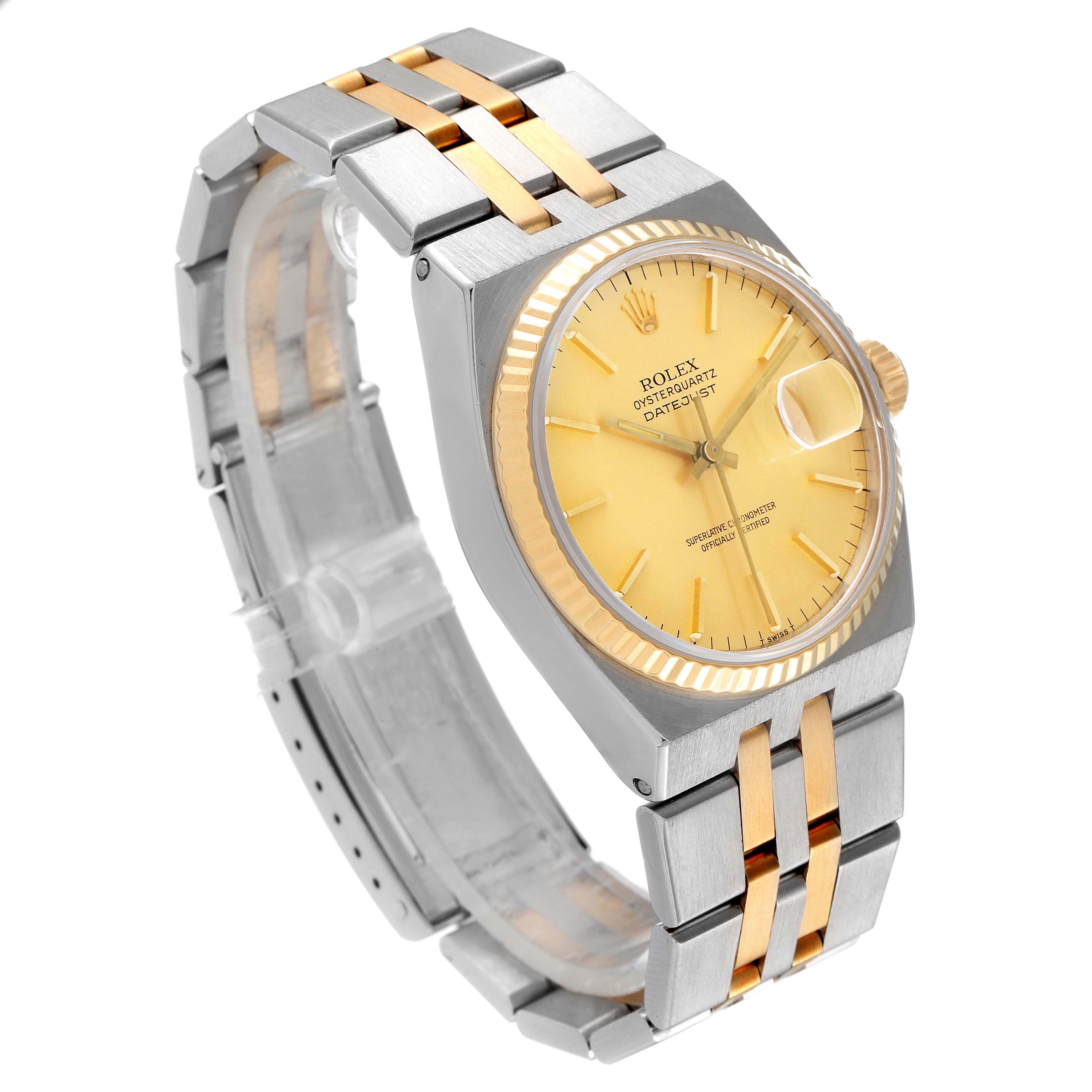 The image shows a Rolex Oysterquartz 17013 Men's Steel and Gold (two tone) Champagne Dial 17013 Men's Steel and Gold (two tone) Champagne Dial watch at a three-quarter angle, highlighting the bracelet, bezel, dial, and crown.
