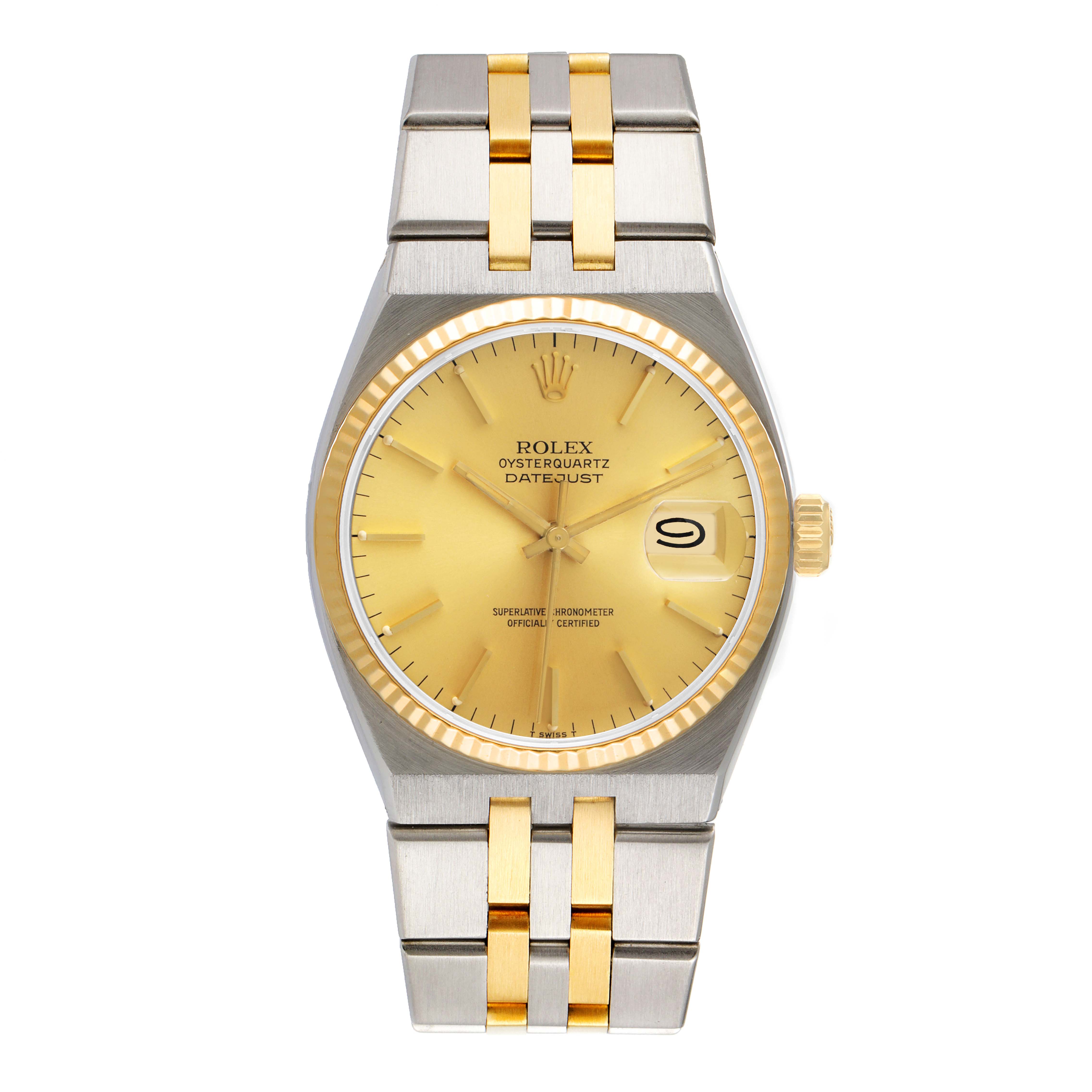 This image shows a front view of a Rolex Oysterquartz 17013 Men's Steel and Gold (two tone) Champagne Dial 17013 Men's Steel and Gold (two tone) Champagne Dial Datejust watch, displaying the entire face and bracelet.