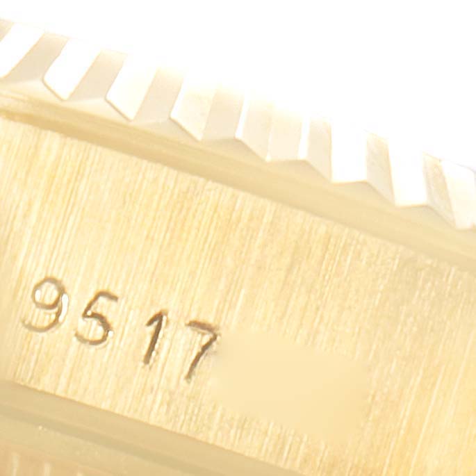 The image shows a close-up angle of the serial number on the side of the bezel and case of a Rolex President 69178 Women's Yellow Gold Champagne Dial 69178 Women's Yellow Gold Champagne Dial model watch.