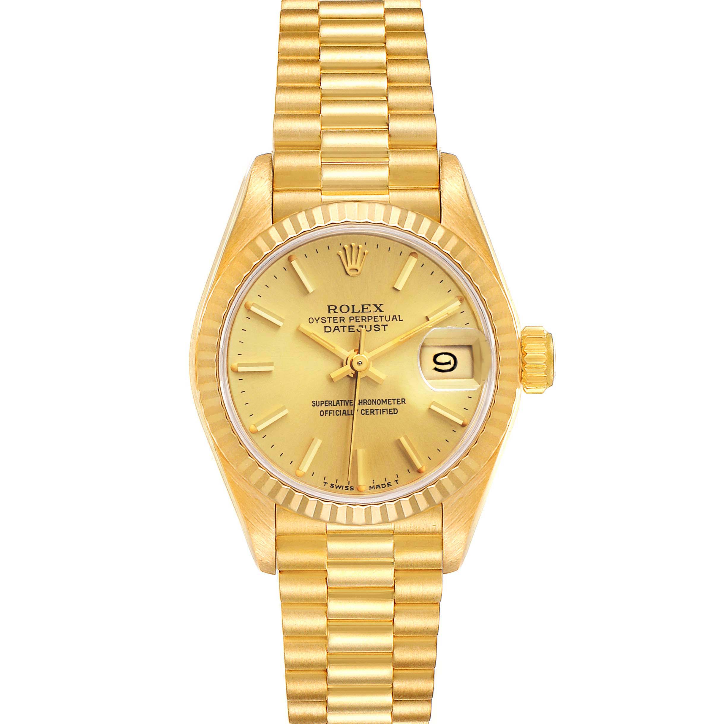 This image shows a frontal view of a Rolex President 69178 Women's Yellow Gold Champagne Dial 69178 Women's Yellow Gold Champagne Dial model watch, highlighting its gold band, dial, and date window.