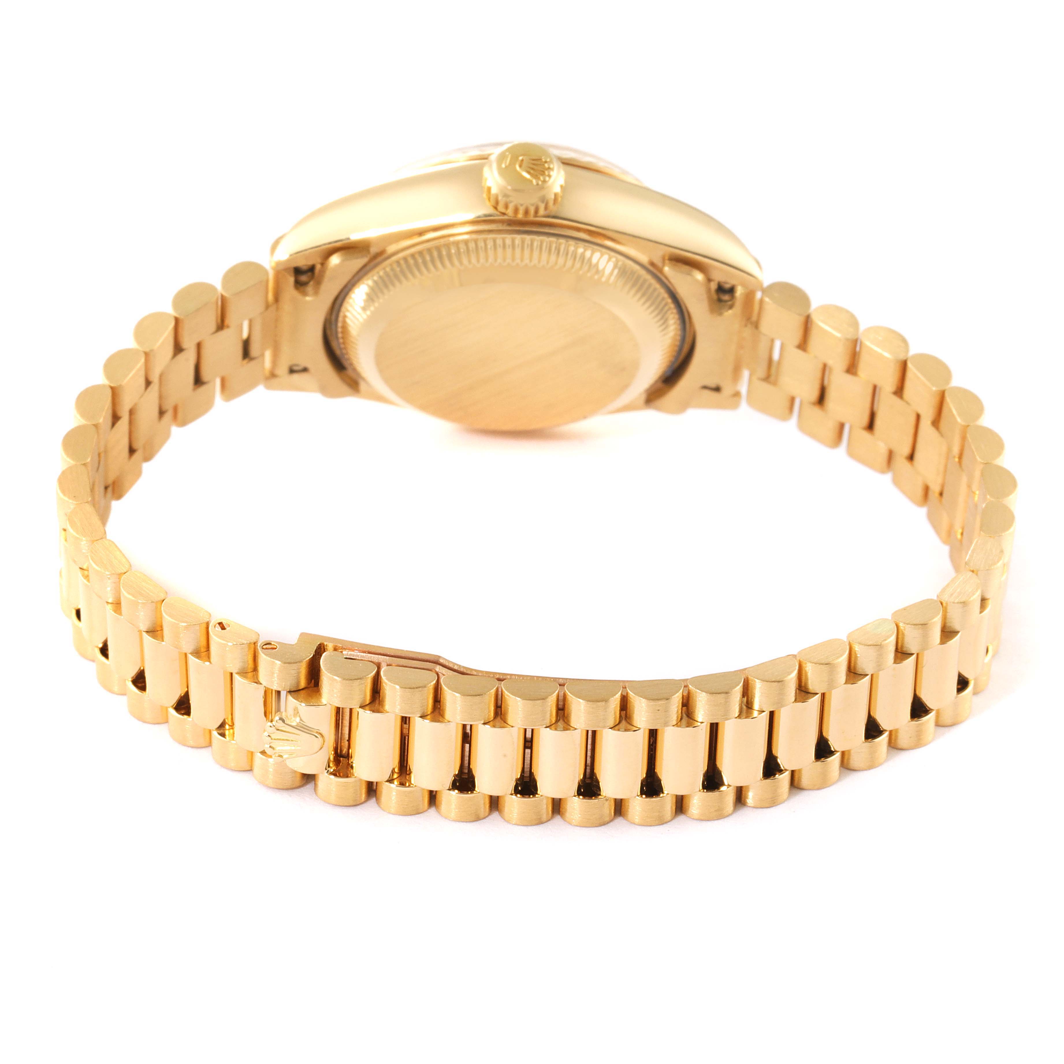 This image shows the back case and bracelet of a Rolex President 69178 Women's Yellow Gold Champagne Dial 69178 Women's Yellow Gold Champagne Dial model watch in a slightly angled view.