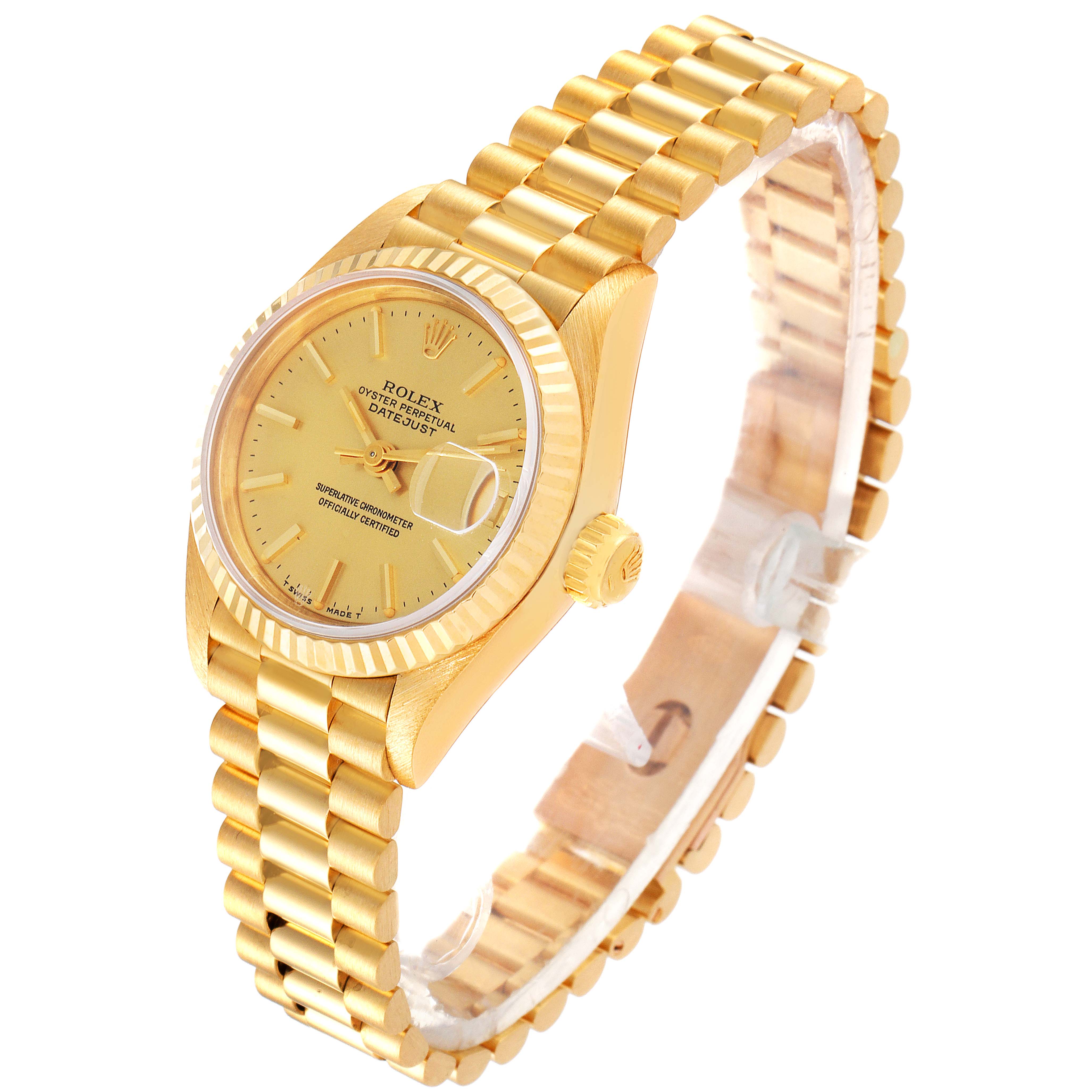 The Rolex President 69178 Women's Yellow Gold Champagne Dial 69178 Women's Yellow Gold Champagne Dial model watch is shown at an oblique angle, displaying its face, bracelet, and crown.