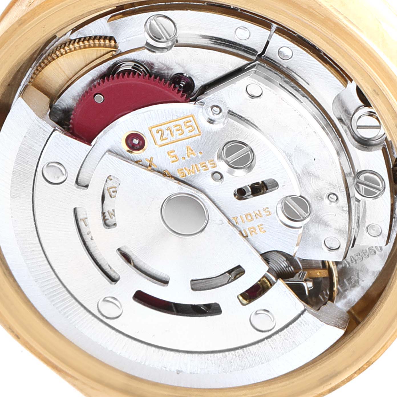 This image shows the inner mechanical movement of a Rolex President 69178 Women's Yellow Gold Champagne Dial 69178 Women's Yellow Gold Champagne Dial model watch from an overhead angle.