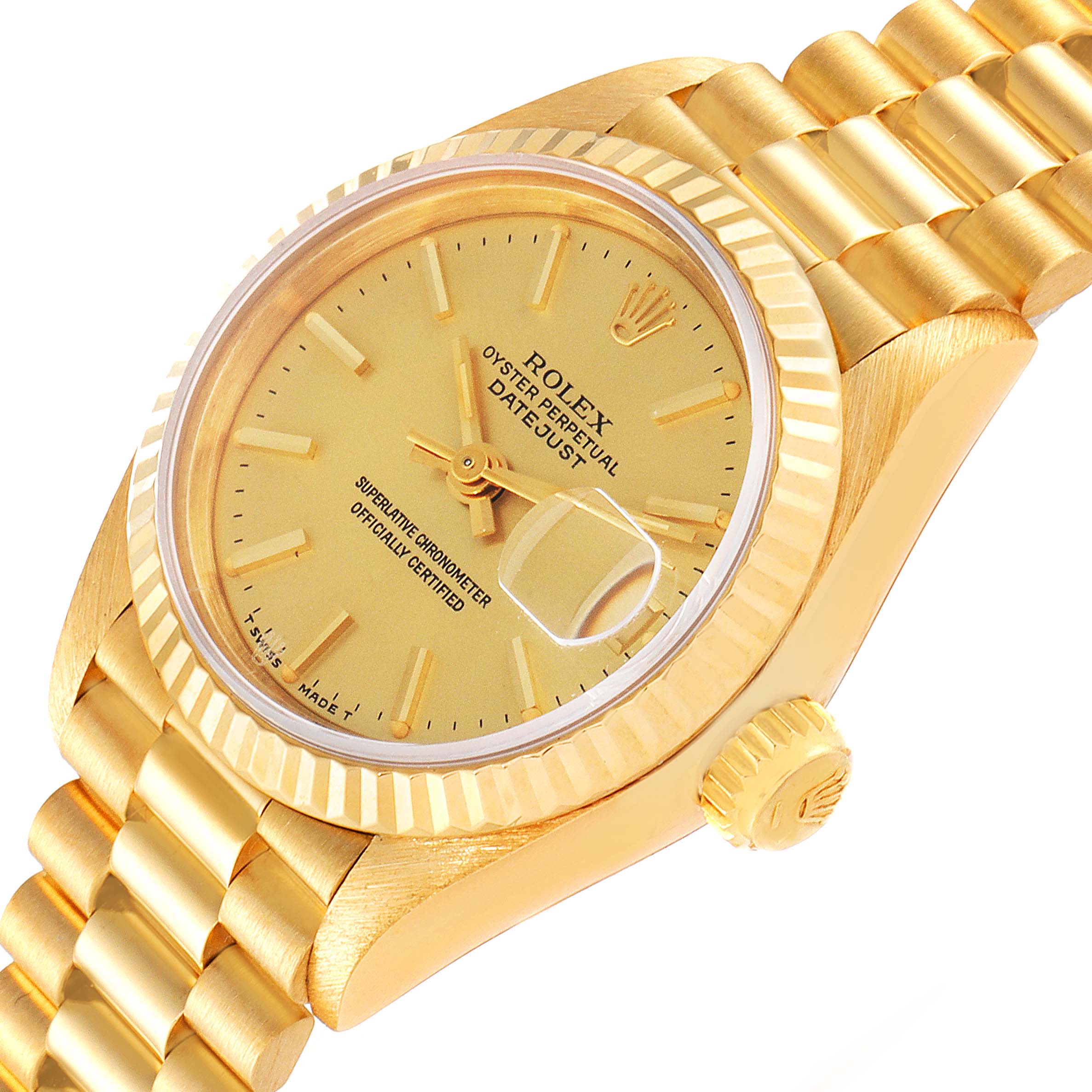 This image shows a close-up angled view of a Rolex President 69178 Women's Yellow Gold Champagne Dial 69178 Women's Yellow Gold Champagne Dial model watch, focusing on the face, bezel, crown, and part of the bracelet.