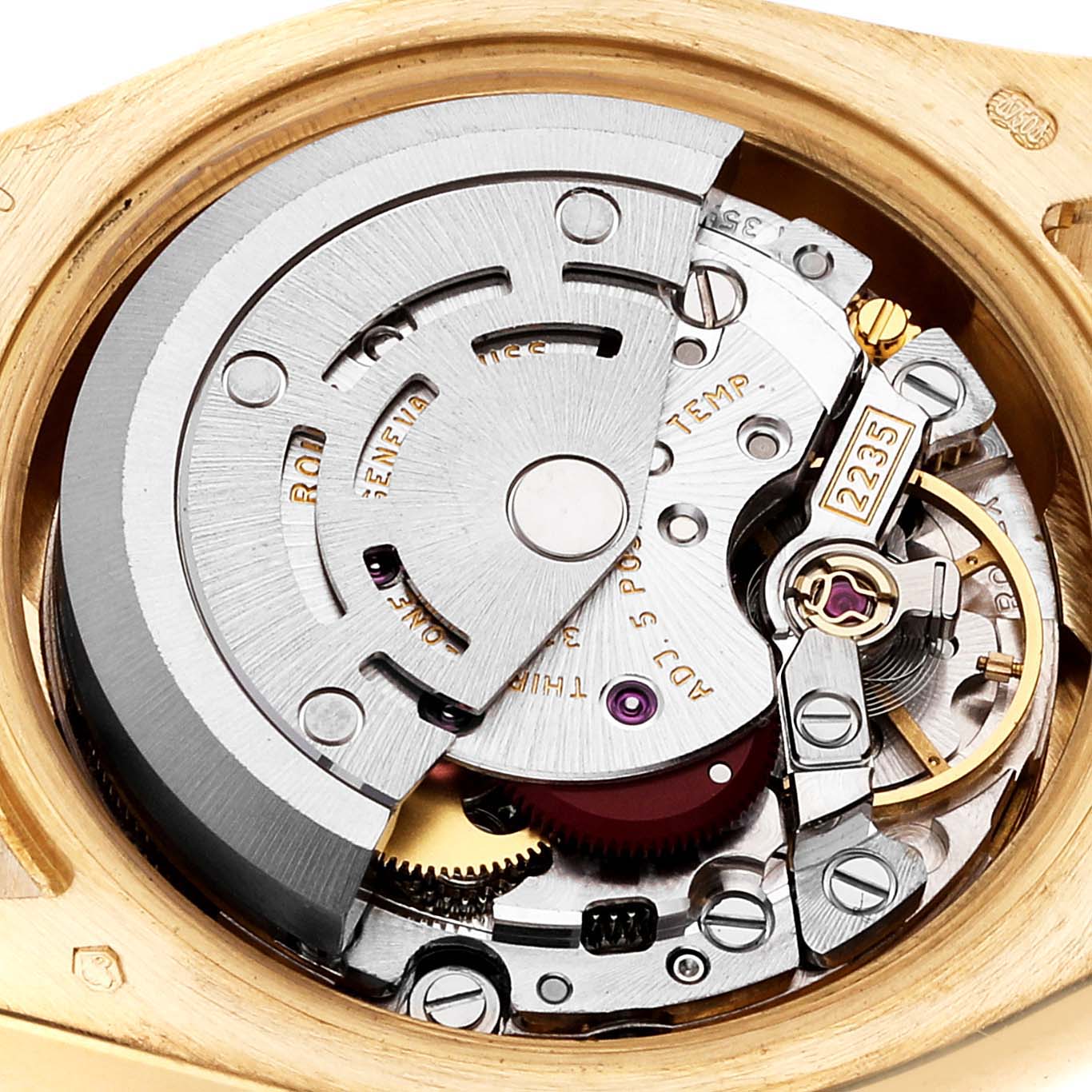 This image shows the internal movement mechanism of the Rolex President 179158 Women's Yellow Gold Mother of Pearl Dial 179158 Women's Yellow Gold Mother of Pearl Dial model watch from a close-up angle.