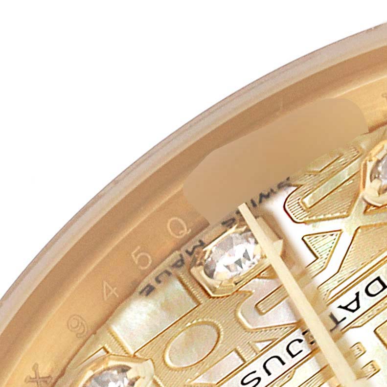 The image shows a close-up angle of the dial and partially the hands of a Rolex President 179158 Women's Yellow Gold Mother of Pearl Dial 179158 Women's Yellow Gold Mother of Pearl Dial model watch.