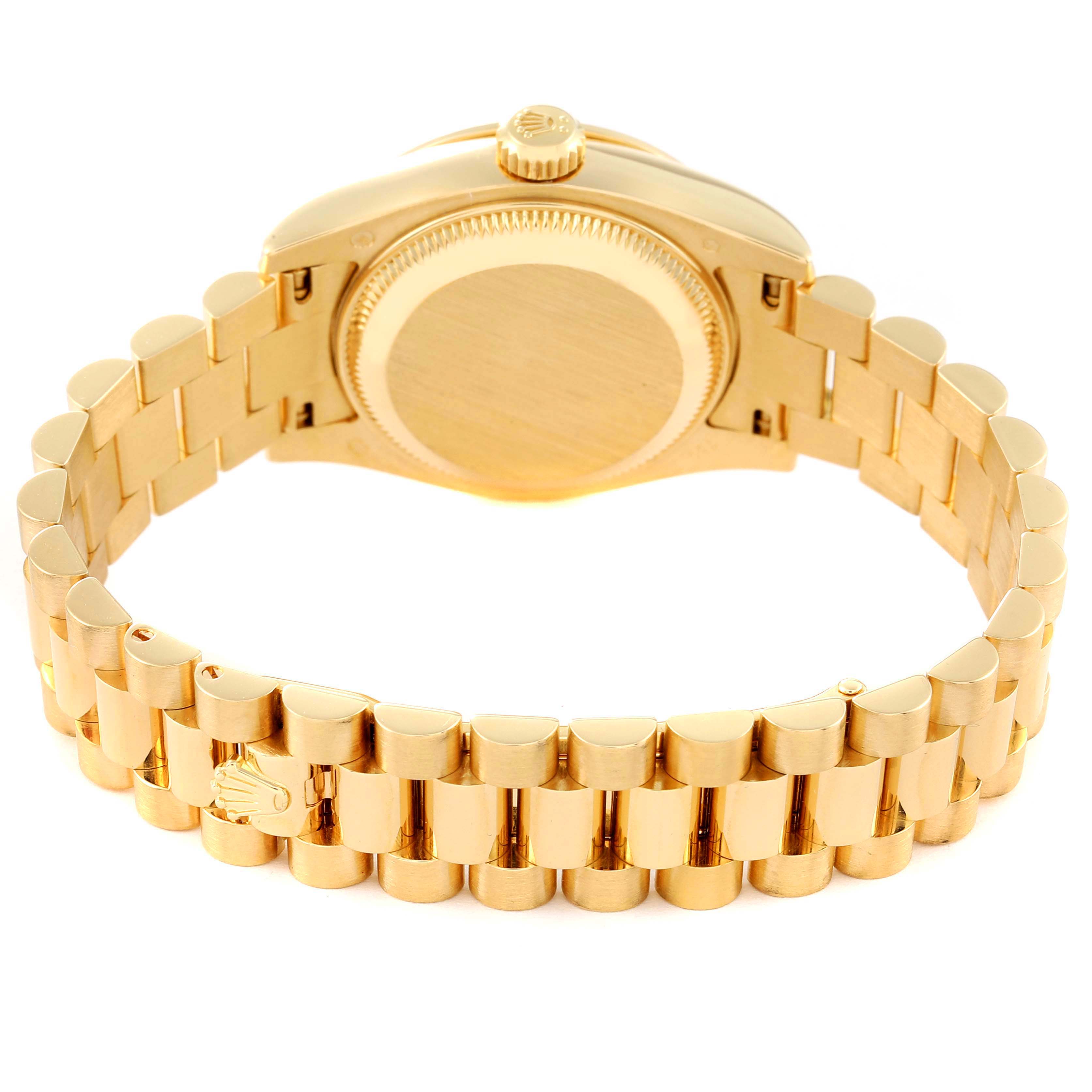 This image shows the back view of a Rolex President 179158 Women's Yellow Gold Mother of Pearl Dial 179158 Women's Yellow Gold Mother of Pearl Dial model watch, focusing on the bracelet and case back.