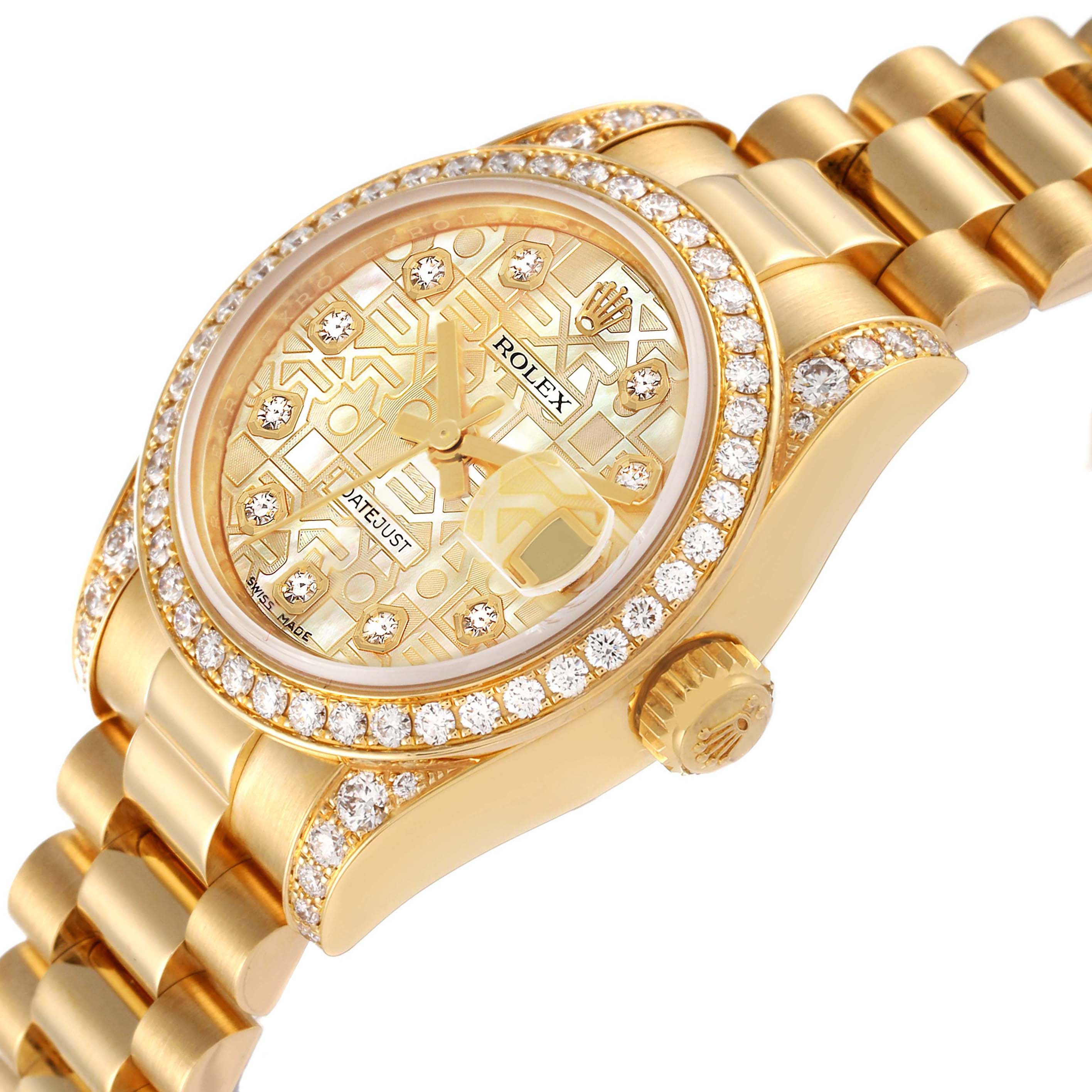 The image shows a Rolex President 179158 Women's Yellow Gold Mother of Pearl Dial 179158 Women's Yellow Gold Mother of Pearl Dial model watch from an angled side view, highlighting the dial, bezel, crown, and part of the bracelet.