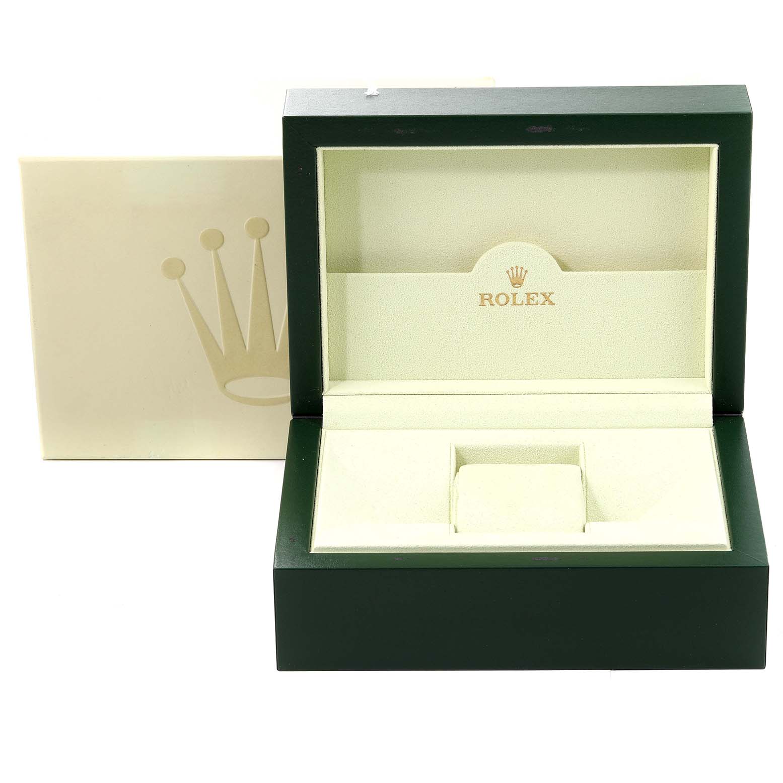 This image shows an empty Rolex President 179158 Women's Yellow Gold Mother of Pearl Dial 179158 Women's Yellow Gold Mother of Pearl Dial model watch box with its lid open, revealing the interior.