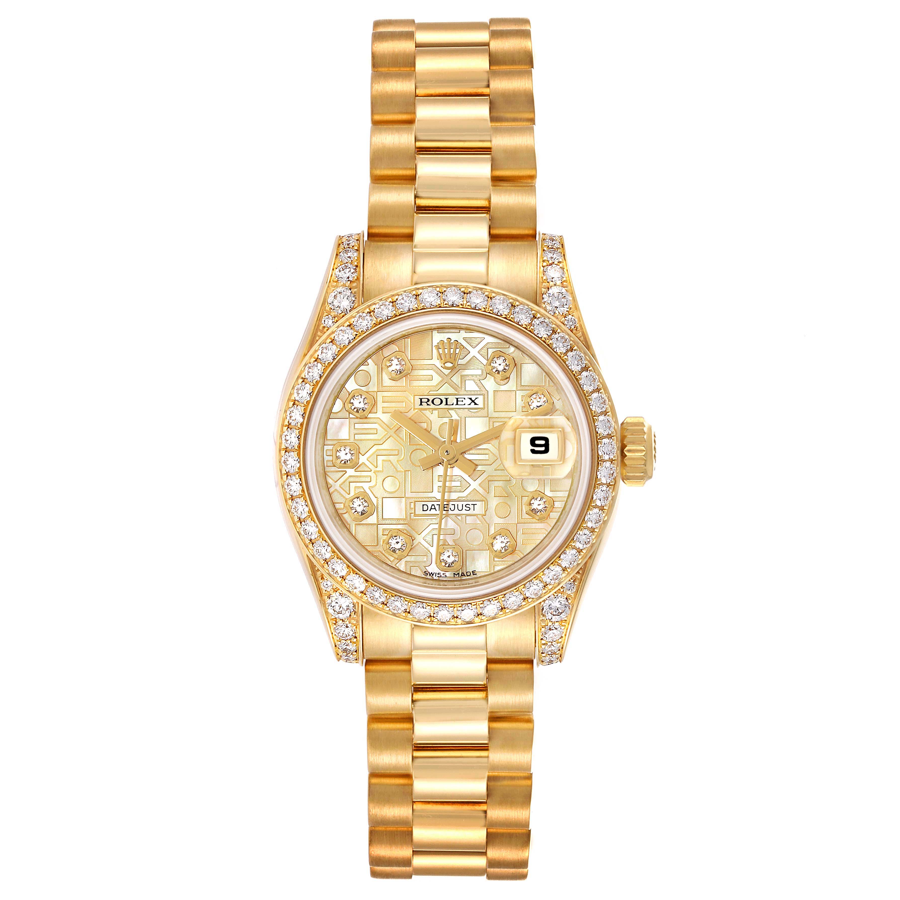 This is a frontal view of the Rolex President 179158 Women's Yellow Gold Mother of Pearl Dial 179158 Women's Yellow Gold Mother of Pearl Dial model watch, showcasing its gold band, diamond bezel, and dial with date feature.
