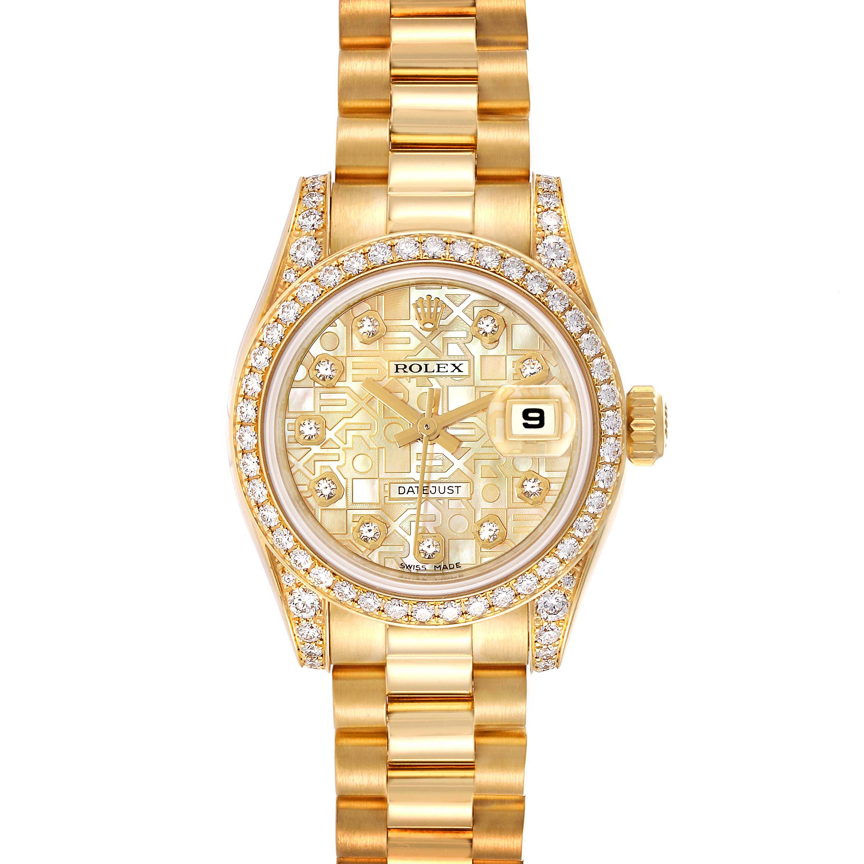 The image shows a Rolex President 179158 Women's Yellow Gold Mother of Pearl Dial 179158 Women's Yellow Gold Mother of Pearl Dial model watch from a top-down view, revealing its face, bracelet, and bezel.