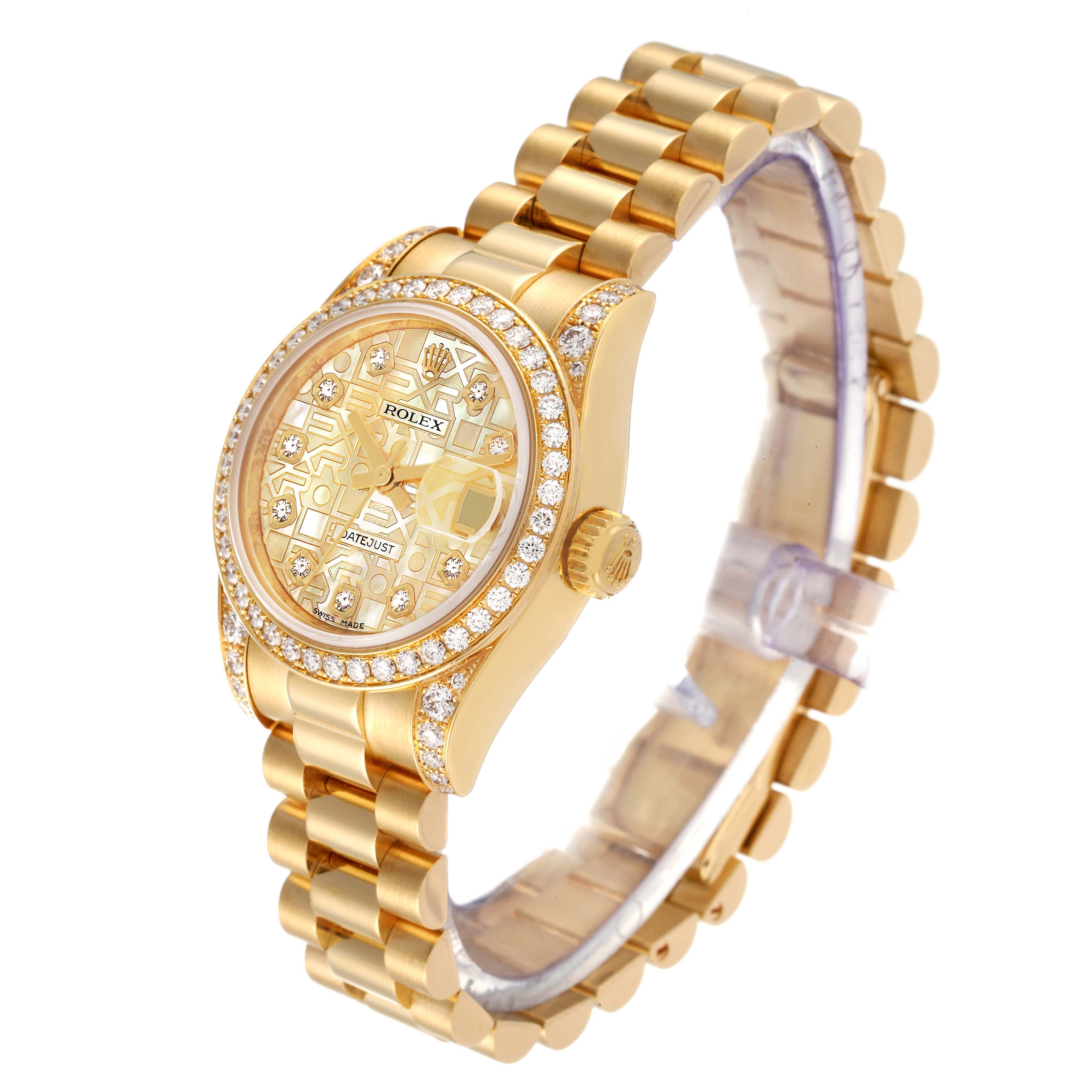 This Rolex President 179158 Women's Yellow Gold Mother of Pearl Dial 179158 Women's Yellow Gold Mother of Pearl Dial model watch is shown at a side angle, highlighting the gold bracelet, diamond bezel, and detailed dial.