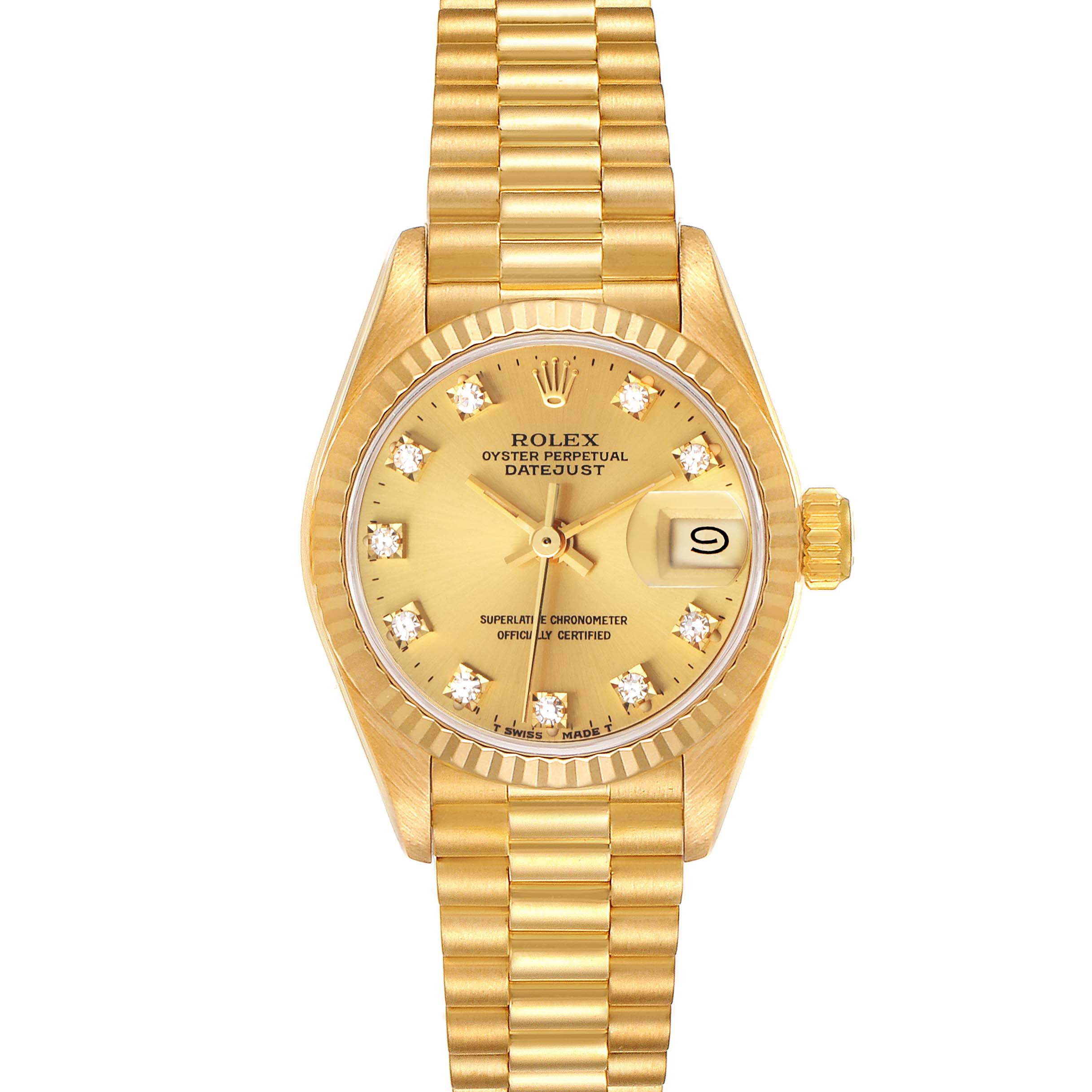 This image shows a front view of a Rolex President 69178 Women
s Yellow Gold Champagne Dial 69178 Women
s Yellow Gold Champagne Dial model watch, highlighting its gold band, dial, and date display.