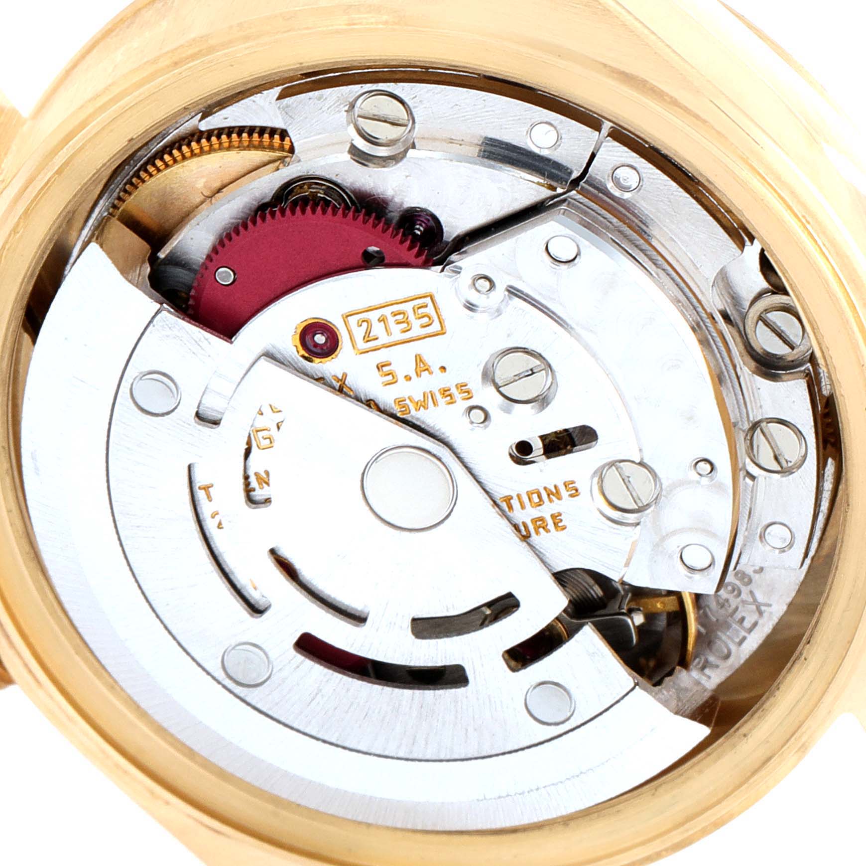 This image shows the internal movement mechanism of a Rolex President 69178 Women
s Yellow Gold Champagne Dial 69178 Women
s Yellow Gold Champagne Dial model watch from a top-down angle.