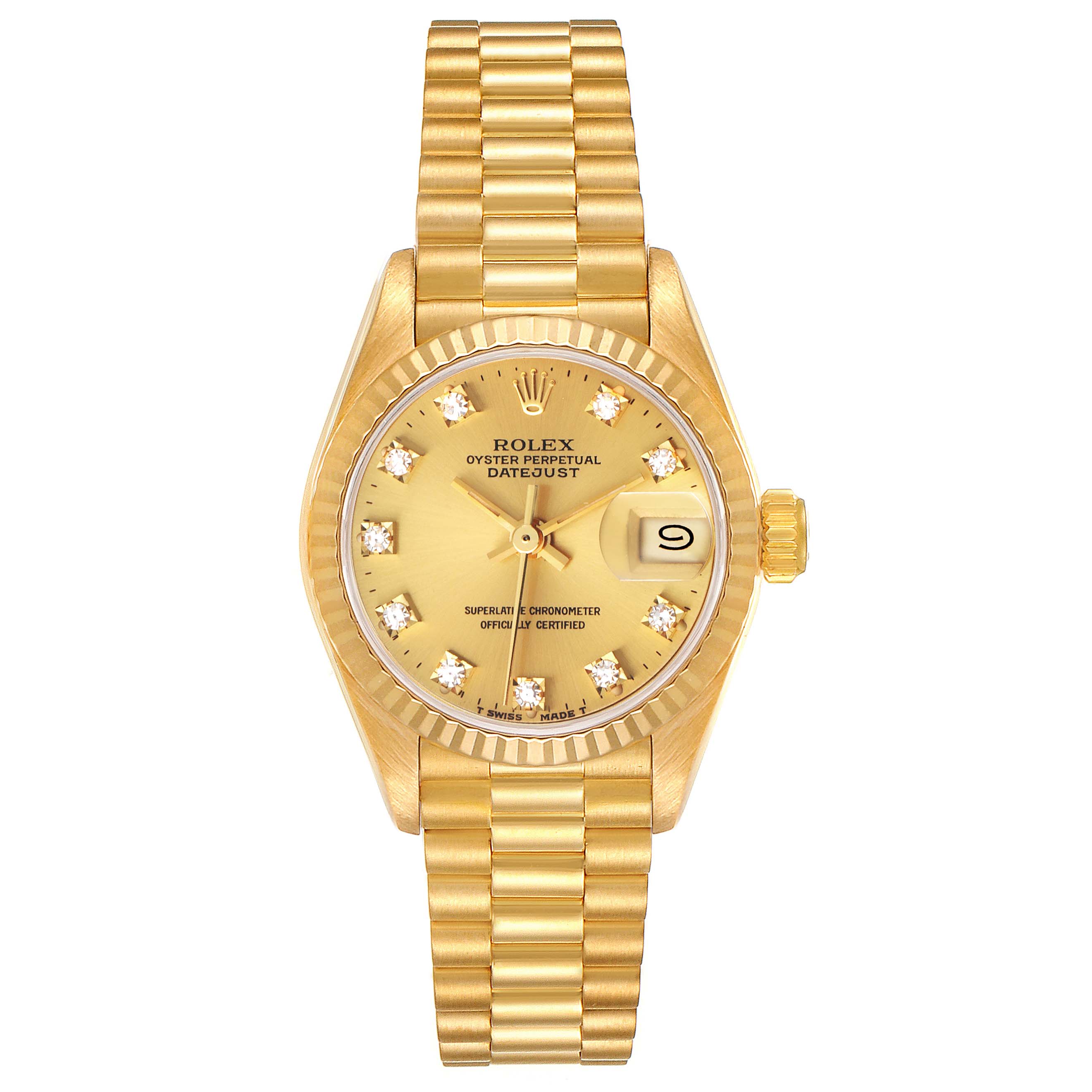 This image shows a frontal view of a Rolex President 69178 Women
s Yellow Gold Champagne Dial 69178 Women
s Yellow Gold Champagne Dial model watch, highlighting the dial, bezel, bracelet, and date display.