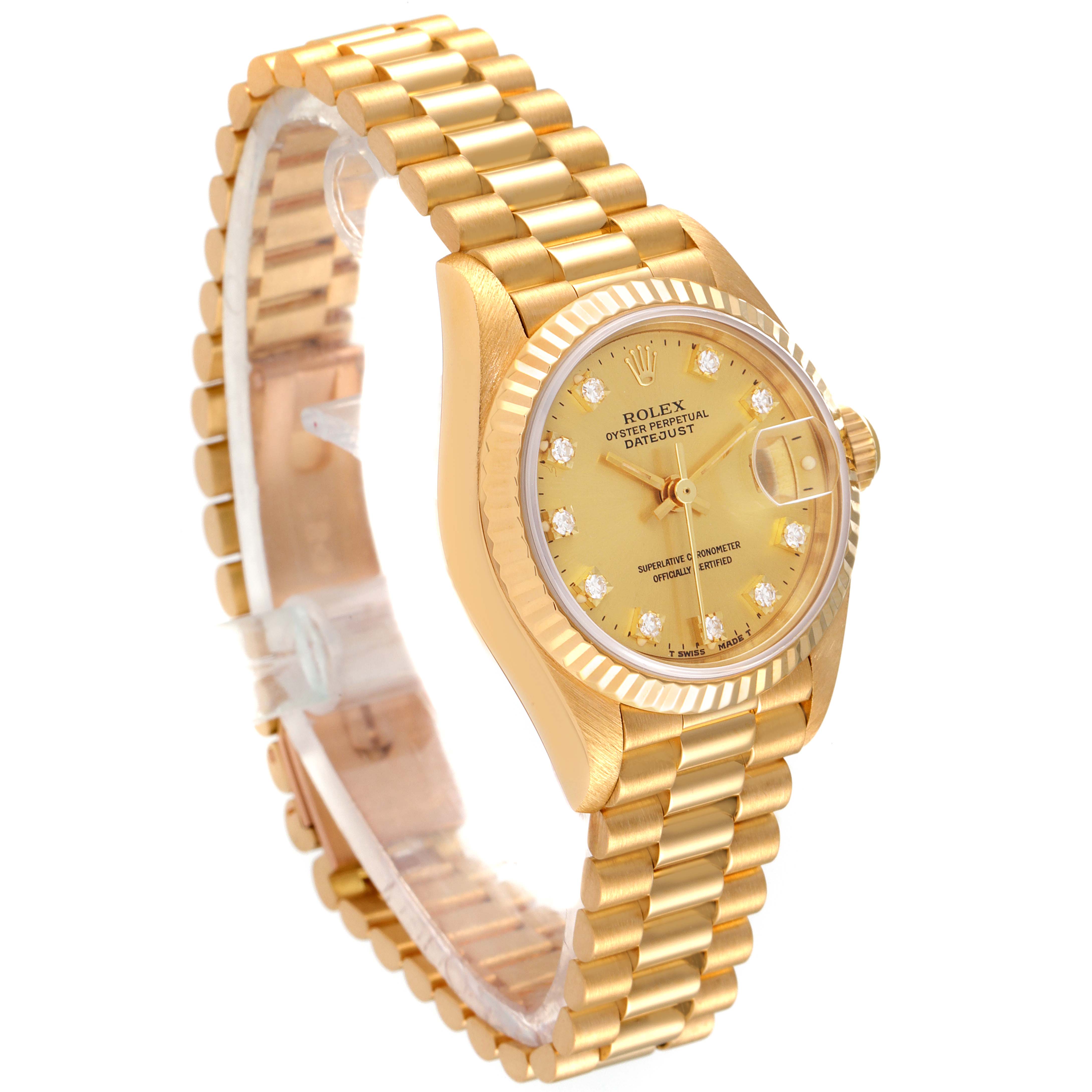 The image shows a Rolex President 69178 Women
s Yellow Gold Champagne Dial 69178 Women
s Yellow Gold Champagne Dial model watch at an oblique angle highlighting the face, bezel, and bracelet.