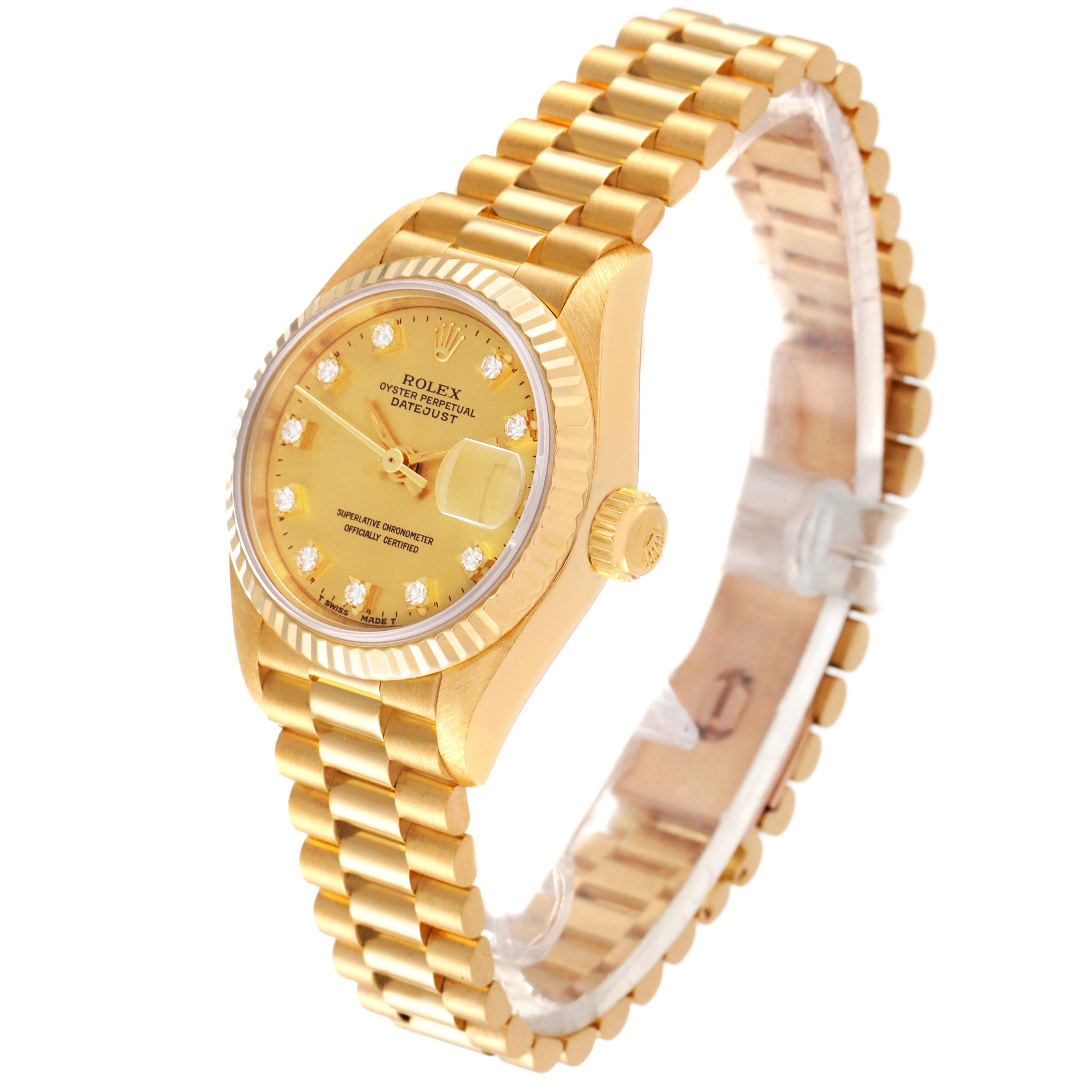 This image shows a Rolex President 69178 Women
s Yellow Gold Champagne Dial 69178 Women
s Yellow Gold Champagne Dial model watch at an oblique angle, highlighting the dial, bezel, and bracelet.