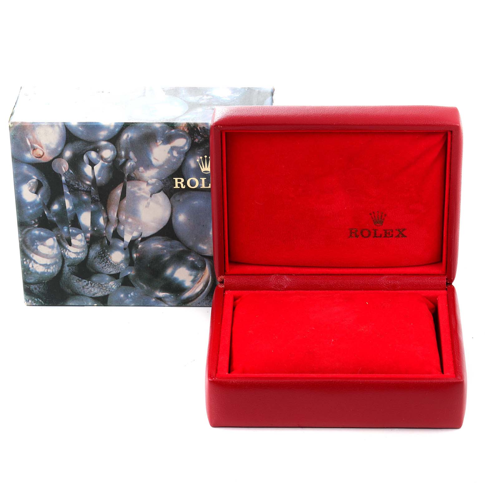 The image shows an open red Rolex watch box for the President model with its outer packaging displaying a pearl design.