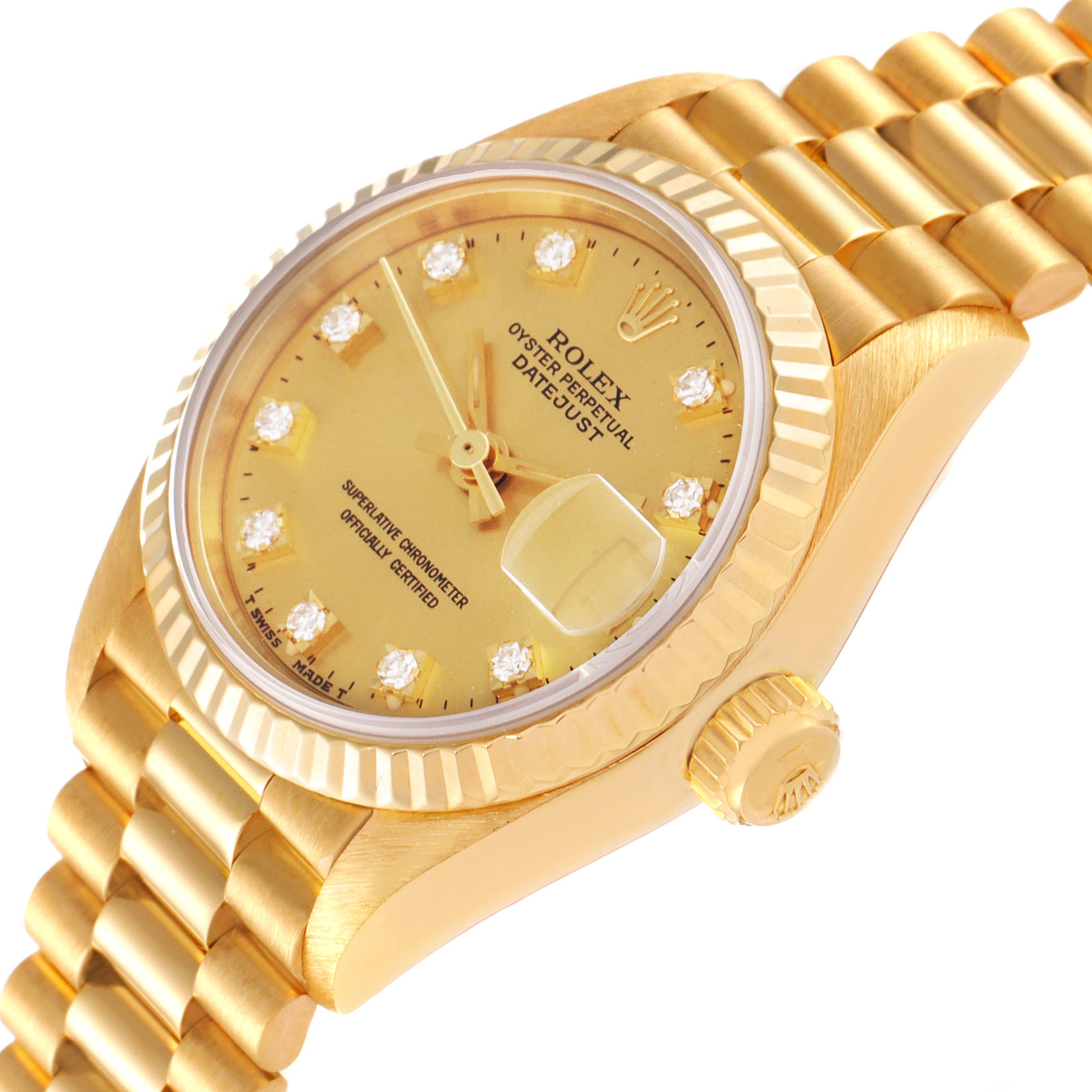This image shows a close-up of a Rolex President 69178 Women
s Yellow Gold Champagne Dial 69178 Women
s Yellow Gold Champagne Dial model watch, displaying the face, crown, and part of the bracelet at an angled view.