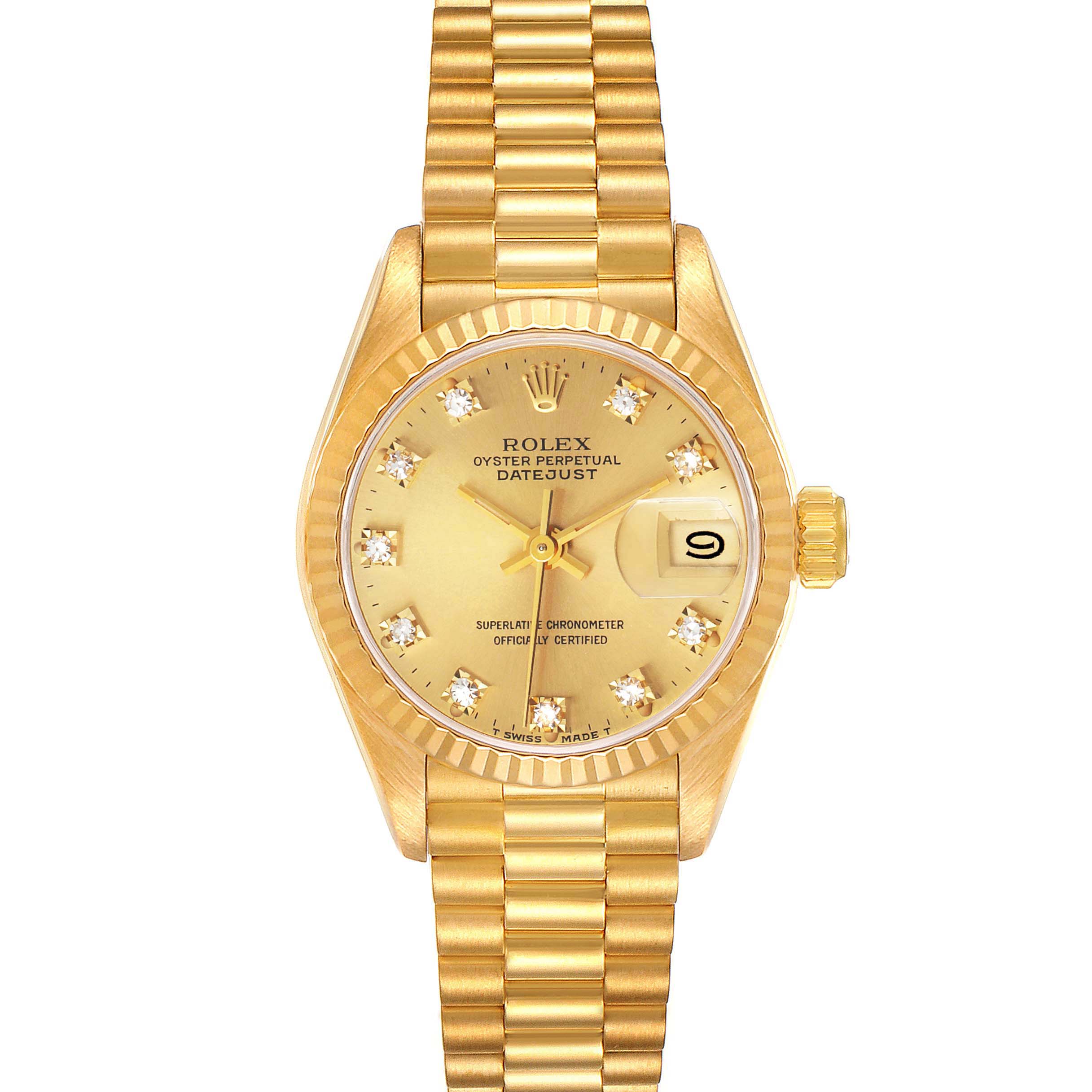 The image shows a frontal view of a Rolex President 69178 Women
s Yellow Gold Champagne Dial 69178 Women
s Yellow Gold Champagne Dial model watch, displaying the dial, bracelet, crown, and date window.