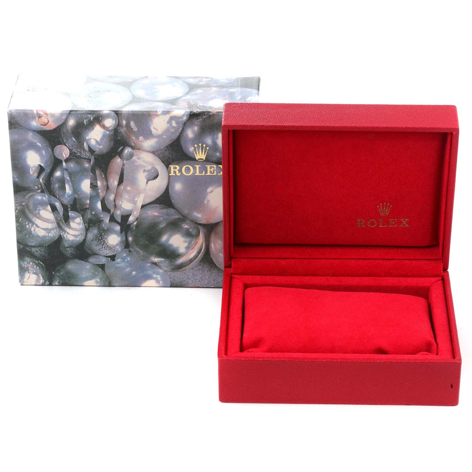 The image shows a Rolex watch box for the President model, featuring an open red interior and an outer box with a design.