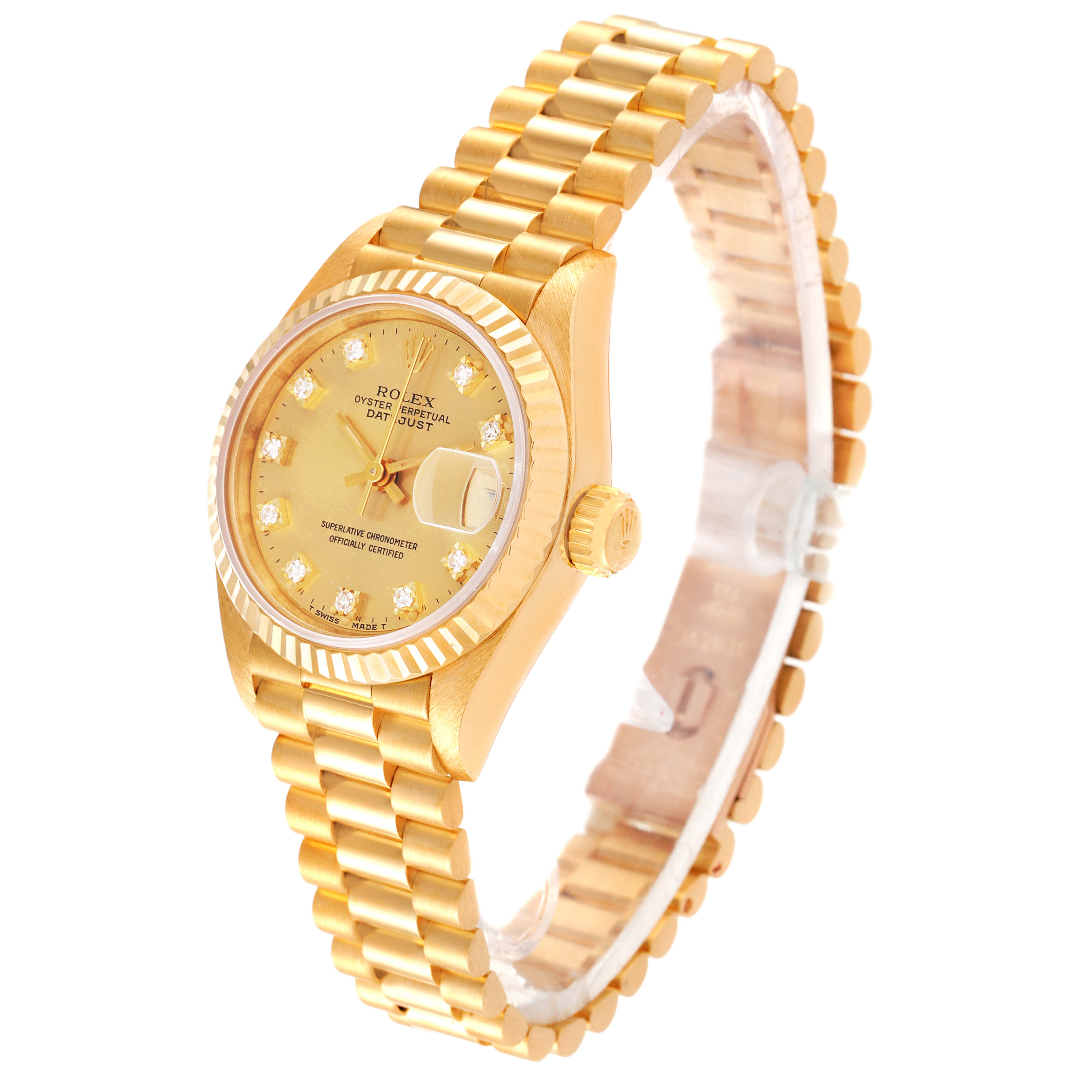 The image shows a Rolex President 69178 Women
s Yellow Gold Champagne Dial 69178 Women
s Yellow Gold Champagne Dial model watch at an oblique angle, displaying the dial, crown, and bracelet prominently.