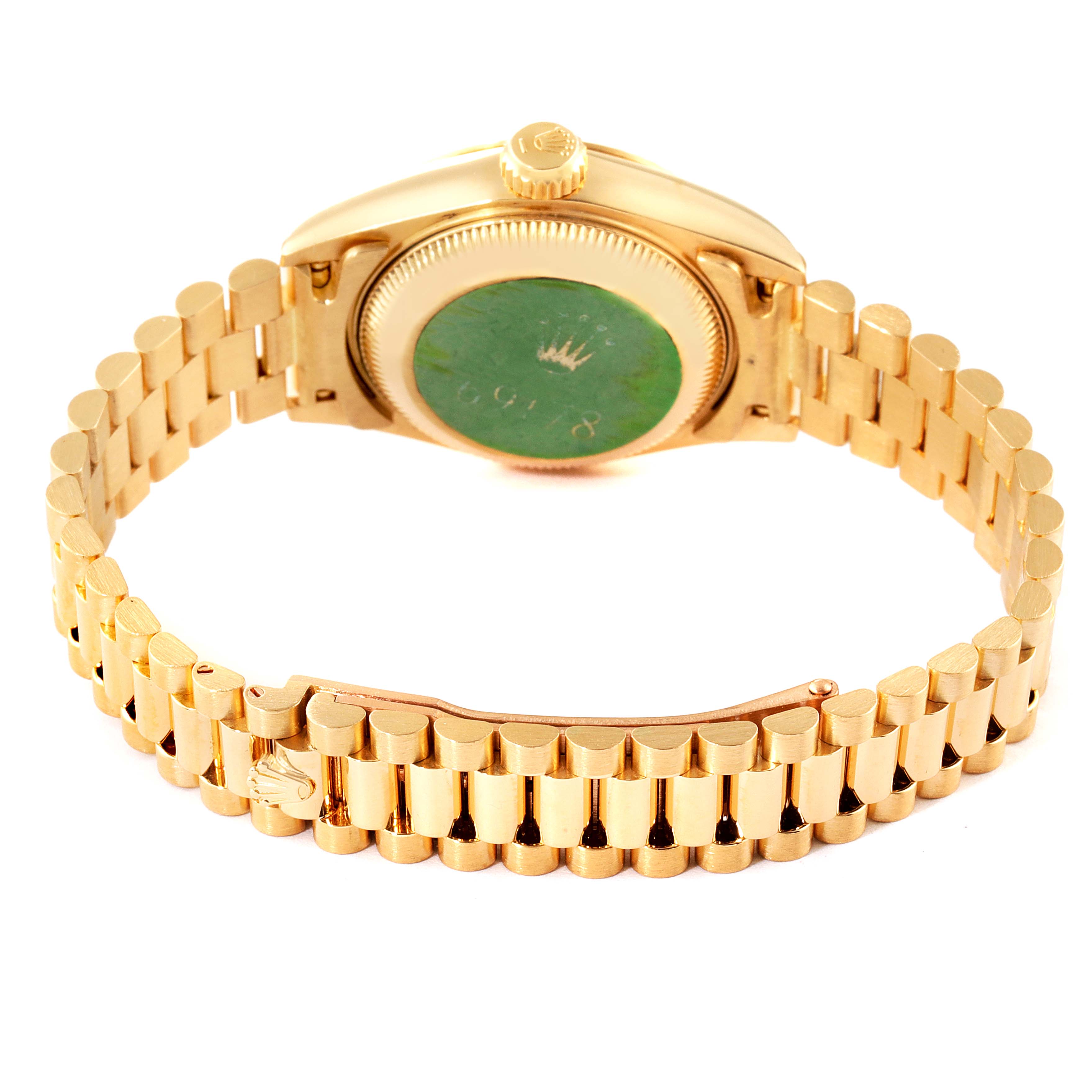 This image shows the back and bracelet of a Rolex President 69178 Women
s Yellow Gold Champagne Dial 69178 Women
s Yellow Gold Champagne Dial model watch, taken from a slightly elevated rear angle.