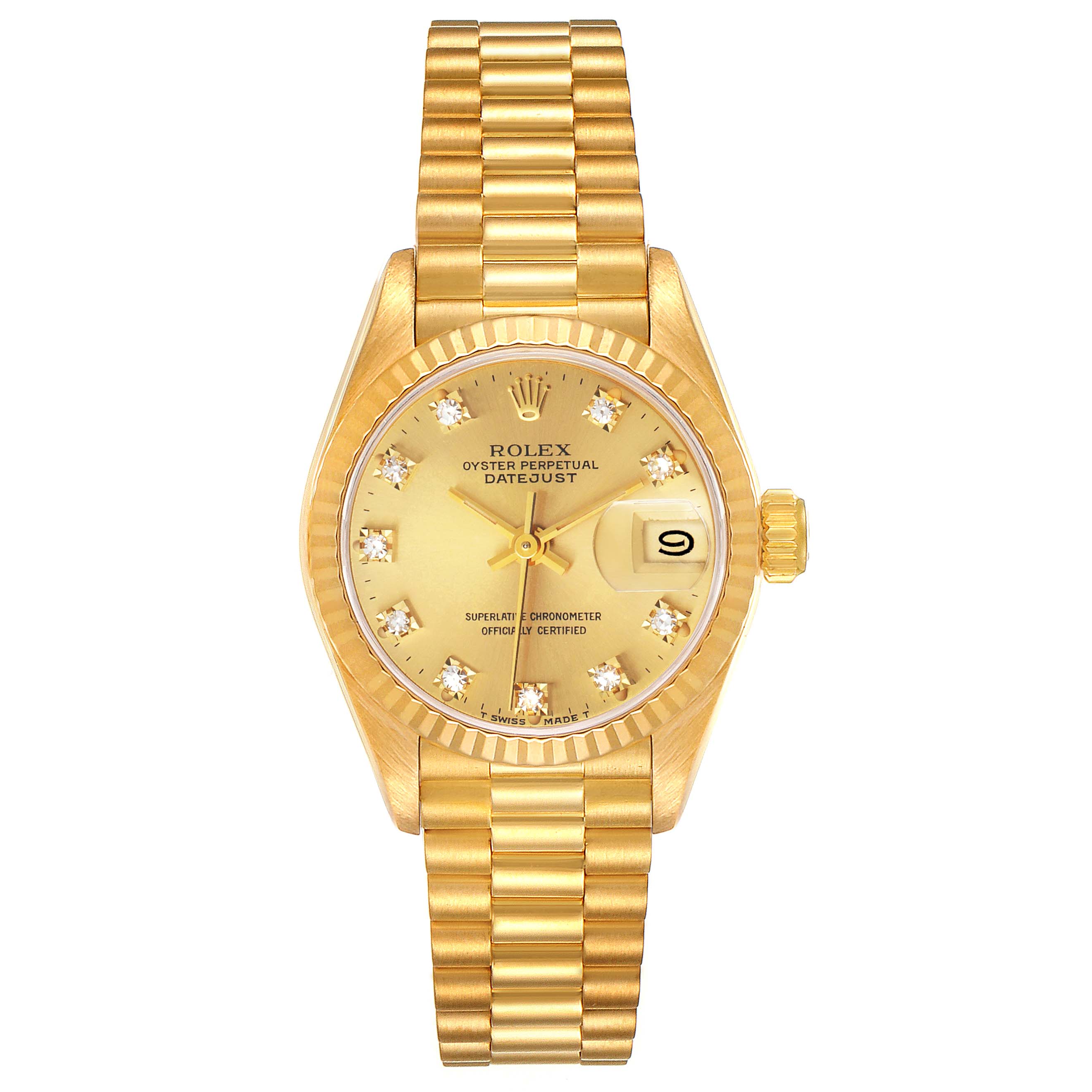 The image shows a front view of a Rolex President 69178 Women
s Yellow Gold Champagne Dial 69178 Women
s Yellow Gold Champagne Dial model watch, highlighting its gold bracelet, dial, and date display.
