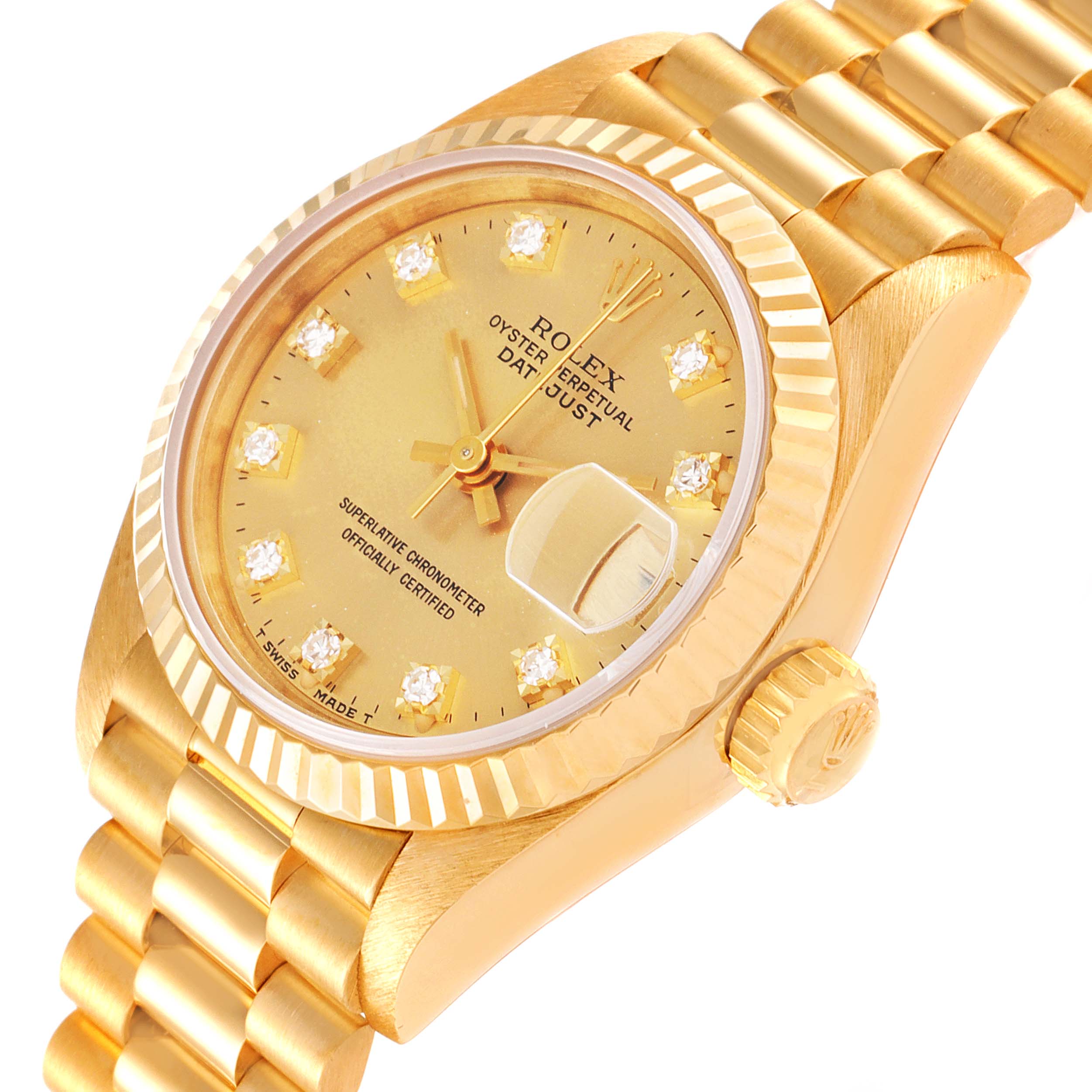 This image shows a close-up of the Rolex President 69178 Women
s Yellow Gold Champagne Dial 69178 Women
s Yellow Gold Champagne Dial model, highlighting the face, band, case, crown, and bezel at an angled view.