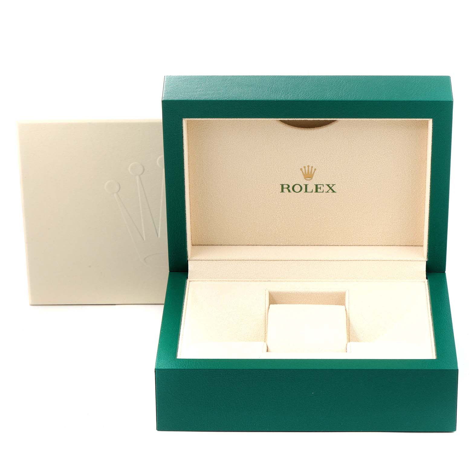 The image shows an open green Rolex watch box for the President model, displaying its interior compartments.