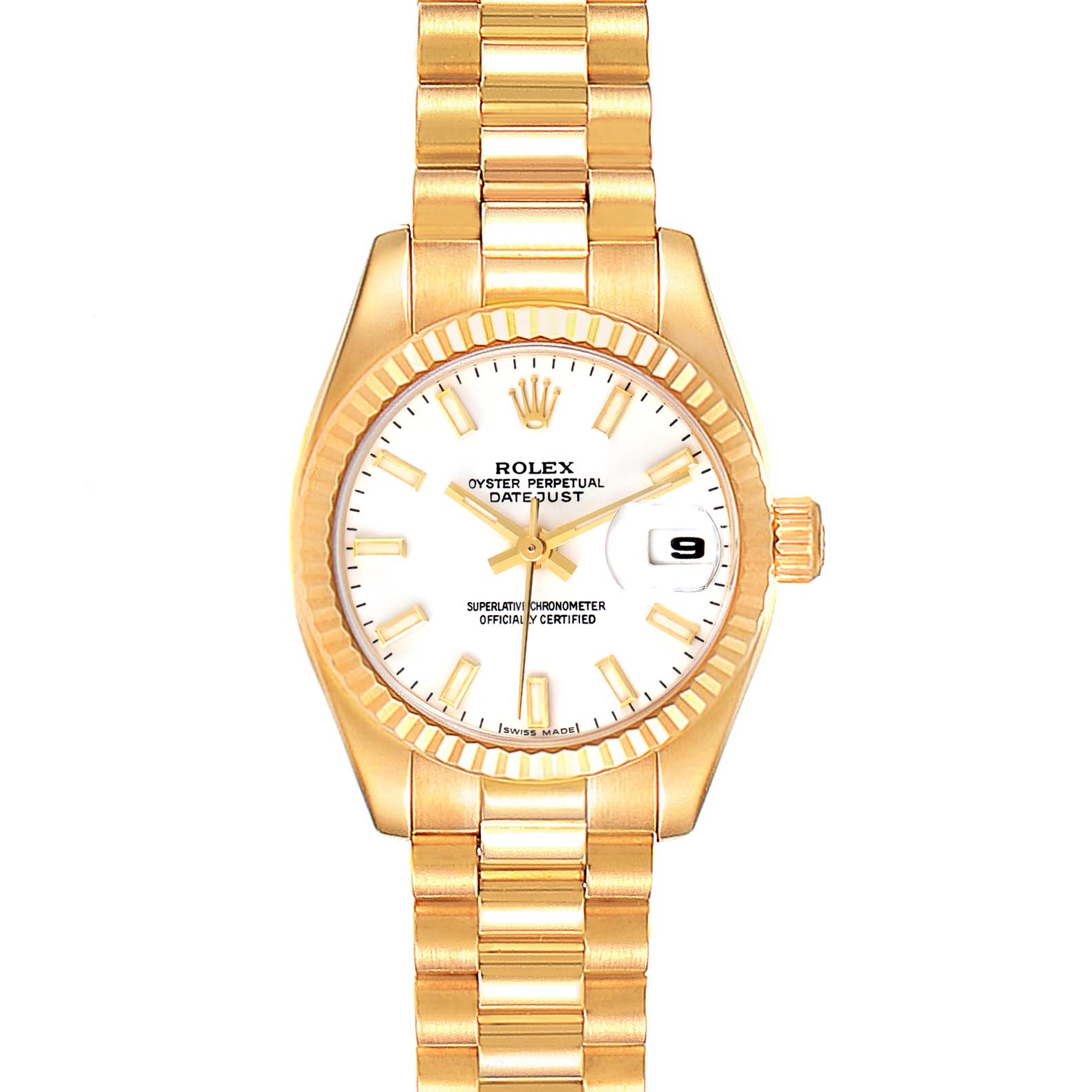 The image shows a front view of a Rolex President 179178 Women
s Yellow Gold White Dial 179178 Women
s Yellow Gold White Dial model watch, displaying the face, bezel, crown, and bracelet.