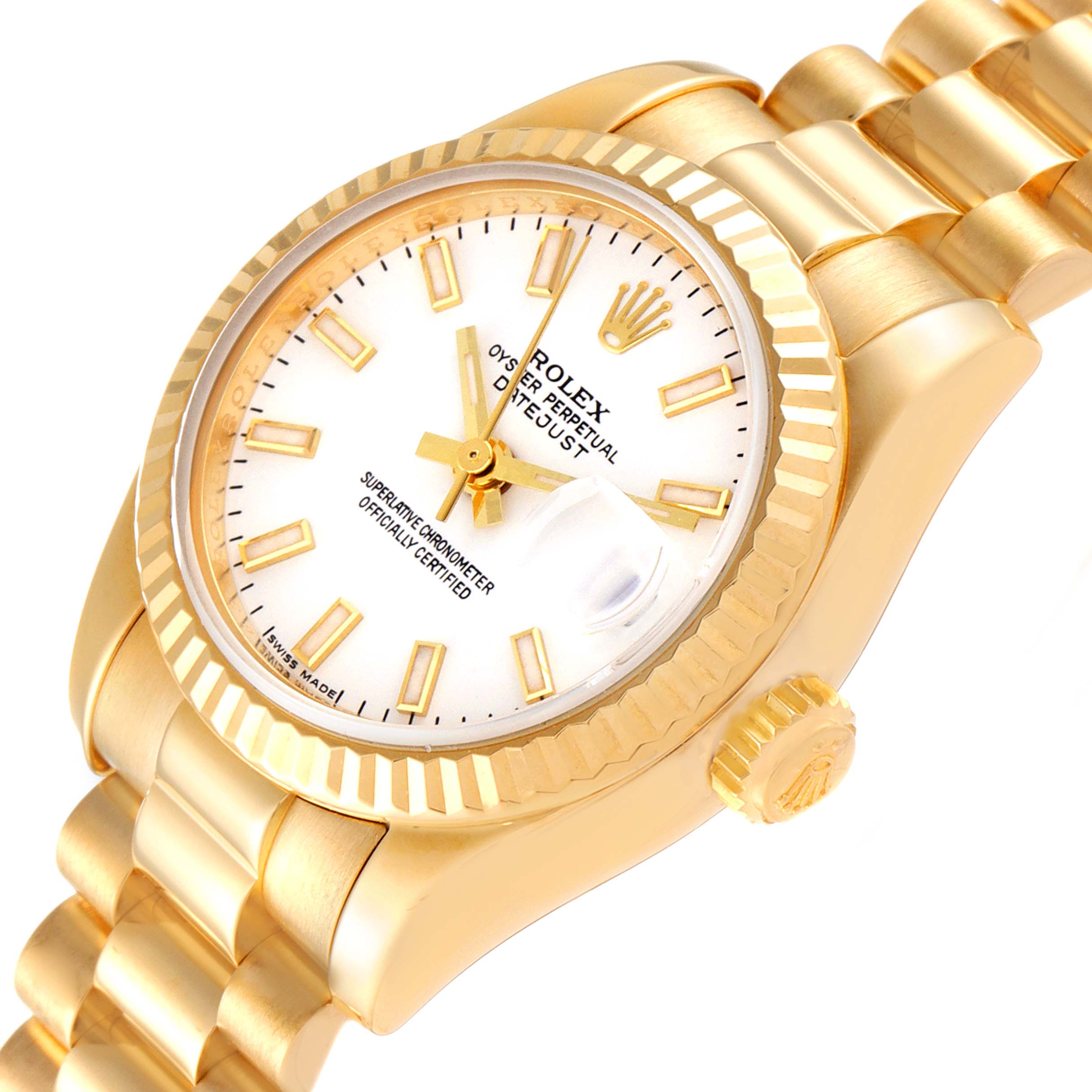 The image shows a close-up angle of the Rolex President 179178 Women
s Yellow Gold White Dial 179178 Women
s Yellow Gold White Dial model watch, highlighting the dial, bezel, crown, and part of the bracelet.