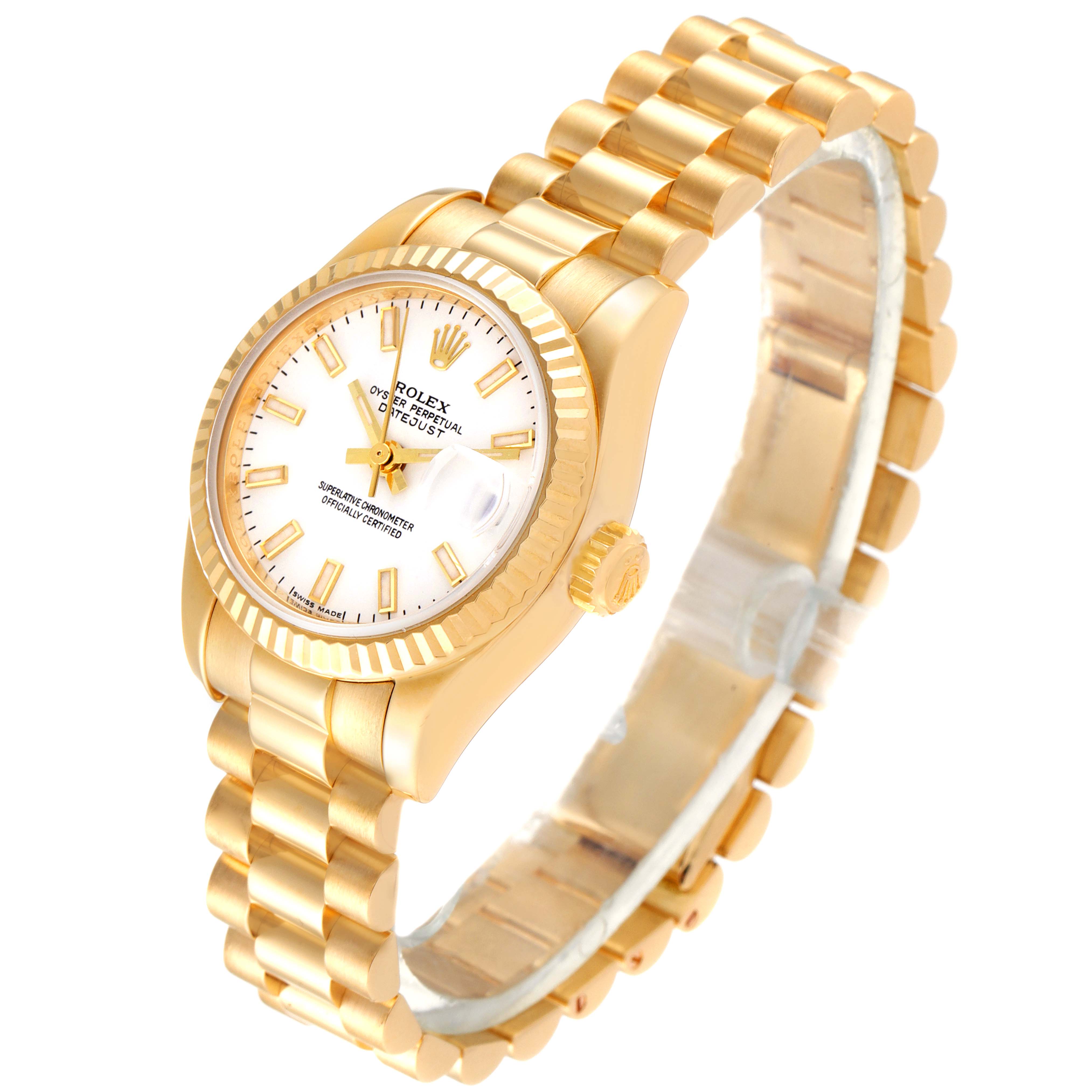 The Rolex President 179178 Women
s Yellow Gold White Dial 179178 Women
s Yellow Gold White Dial model watch is shown from an angled view of the front, displaying the face, case, bezel, crown, and bracelet.